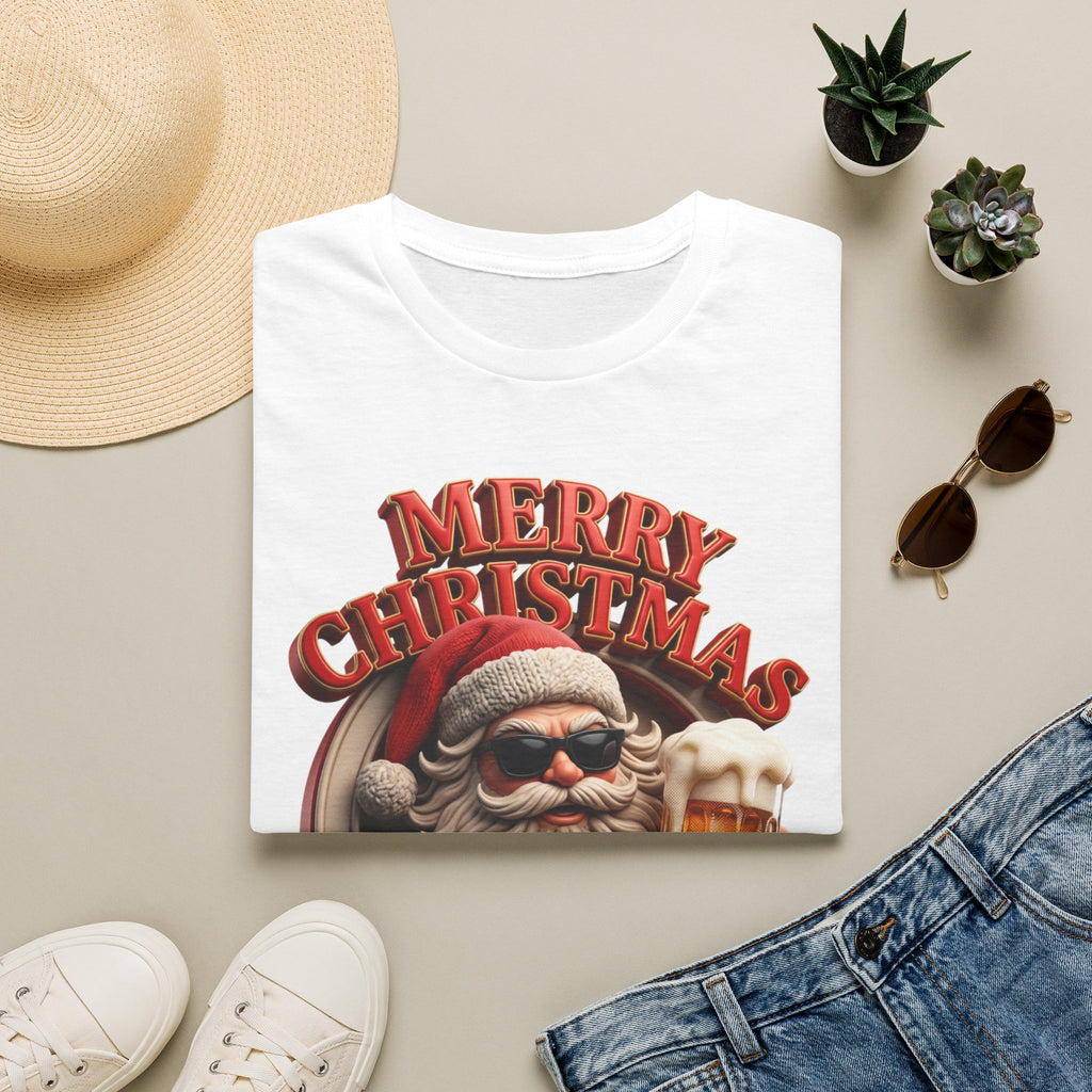 Merry Christmas I'm Drunk Santa print on a White t-shirt, folded beside a straw hat and jeans
