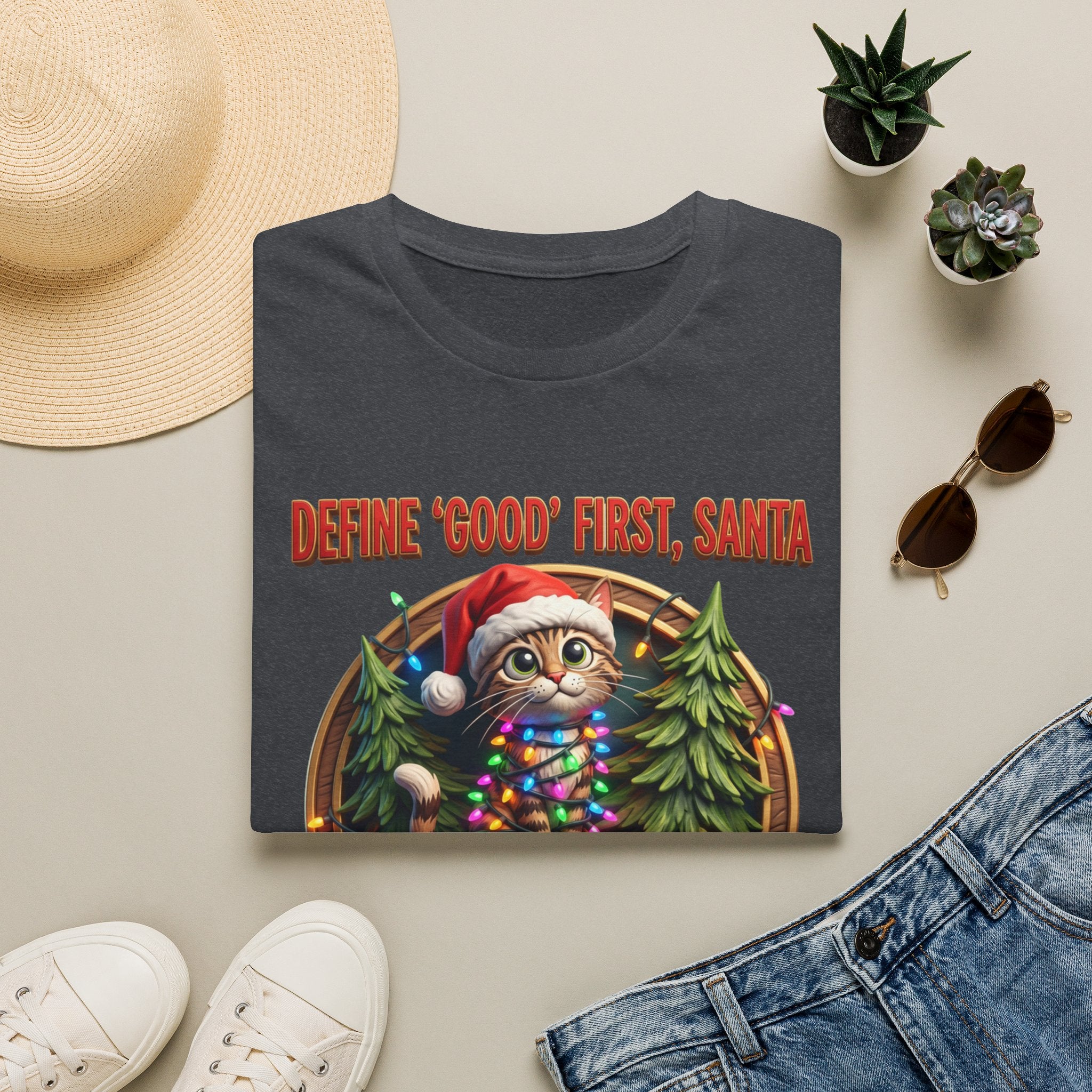 Define Good First Santa Funny Christmas Cat print on a Dark Heather Grey t-shirt, folded beside a straw hat and jeans