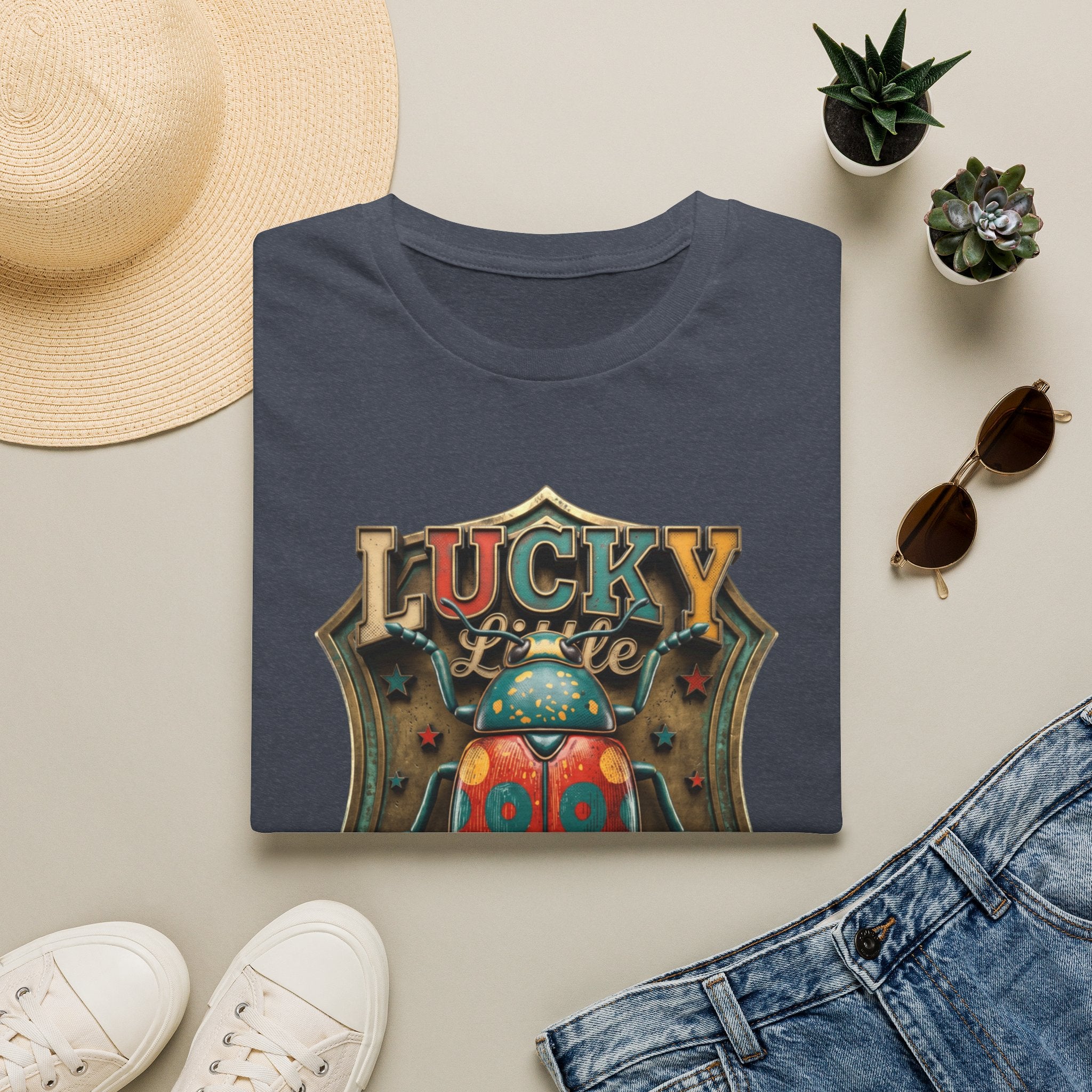 Lucky Little Bugger Vintage Beetle print on a Heather Navy t-shirt, folded beside a straw hat and jeans