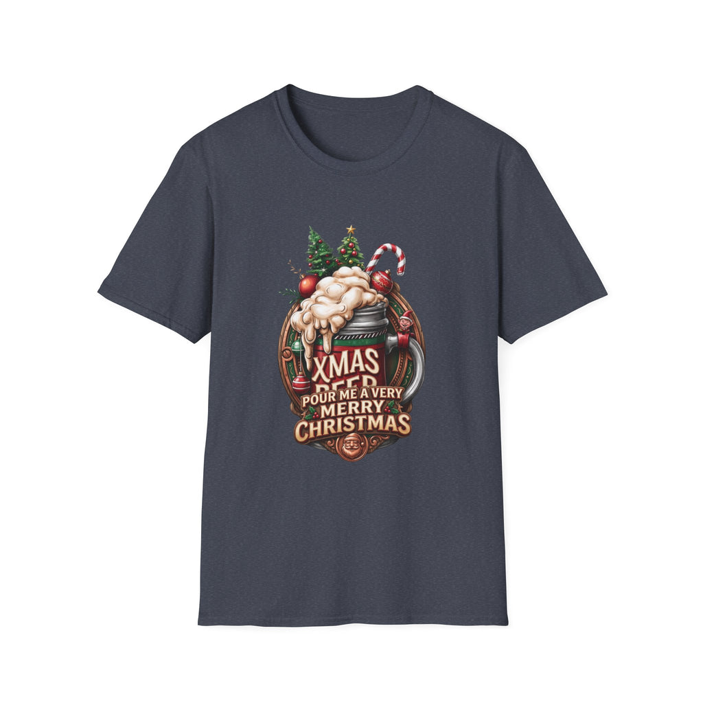 XMAS Beer Pour Me a Very Merry Christmas print on the front of a Heather Navy t-shirt, laid flat on white