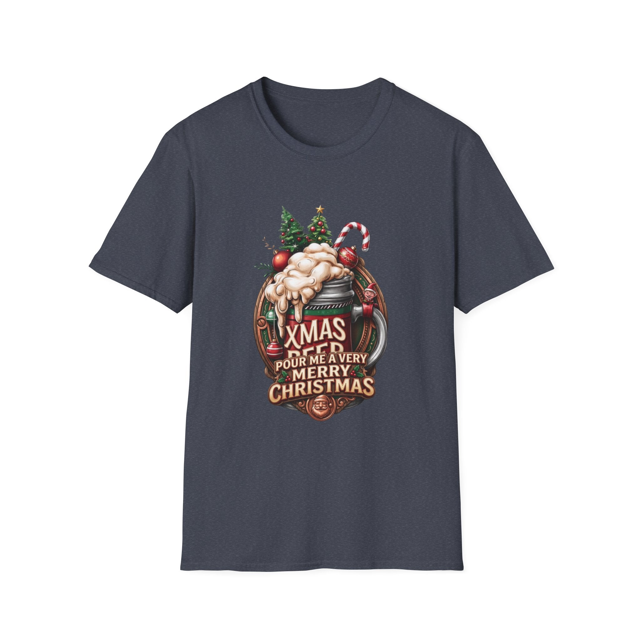 XMAS Beer Pour Me a Very Merry Christmas print on the front of a Heather Navy t-shirt, laid flat on white