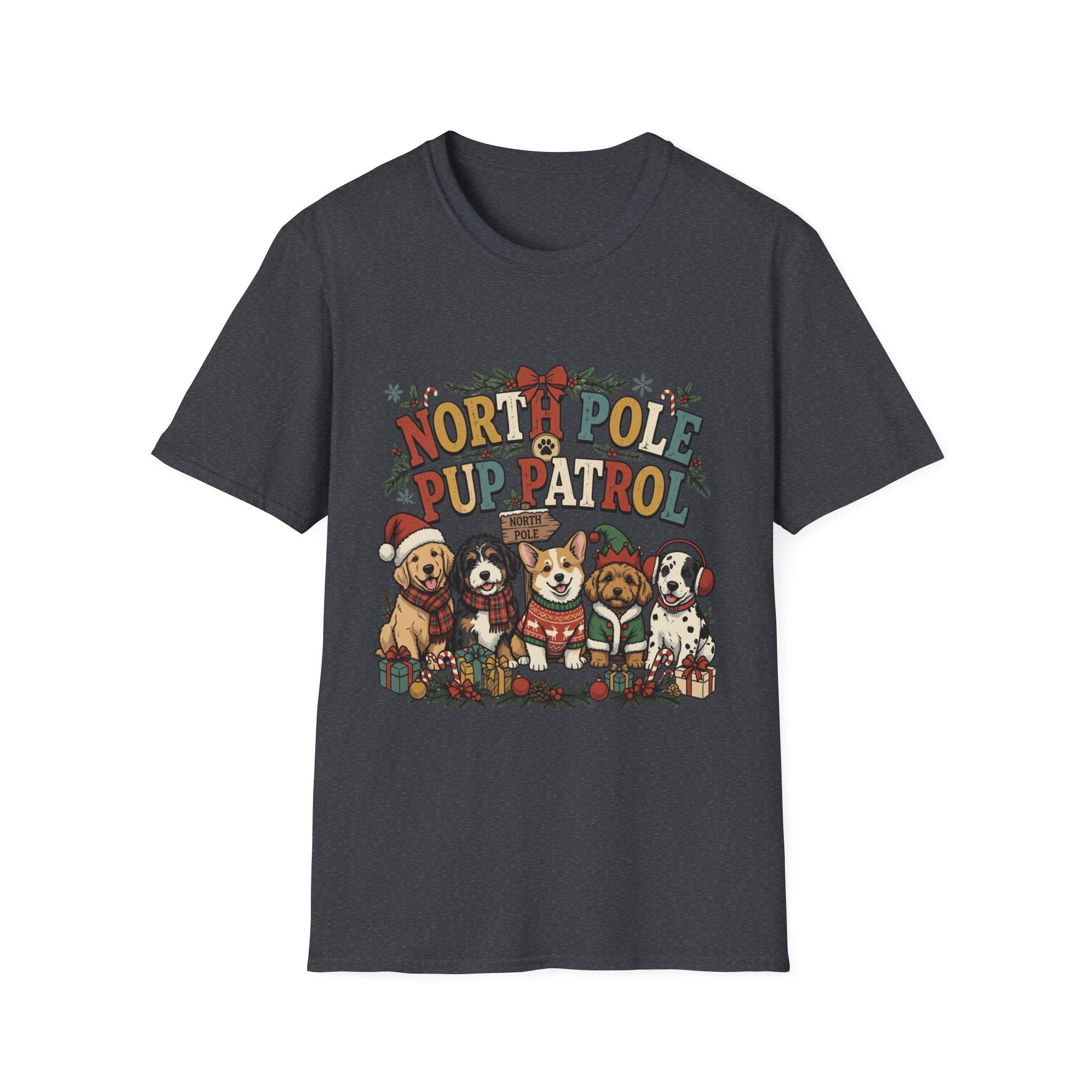 North Pole Pup Patrol Christmas Dogs print on the front of a Dark Heather Grey t-shirt, laid flat on white