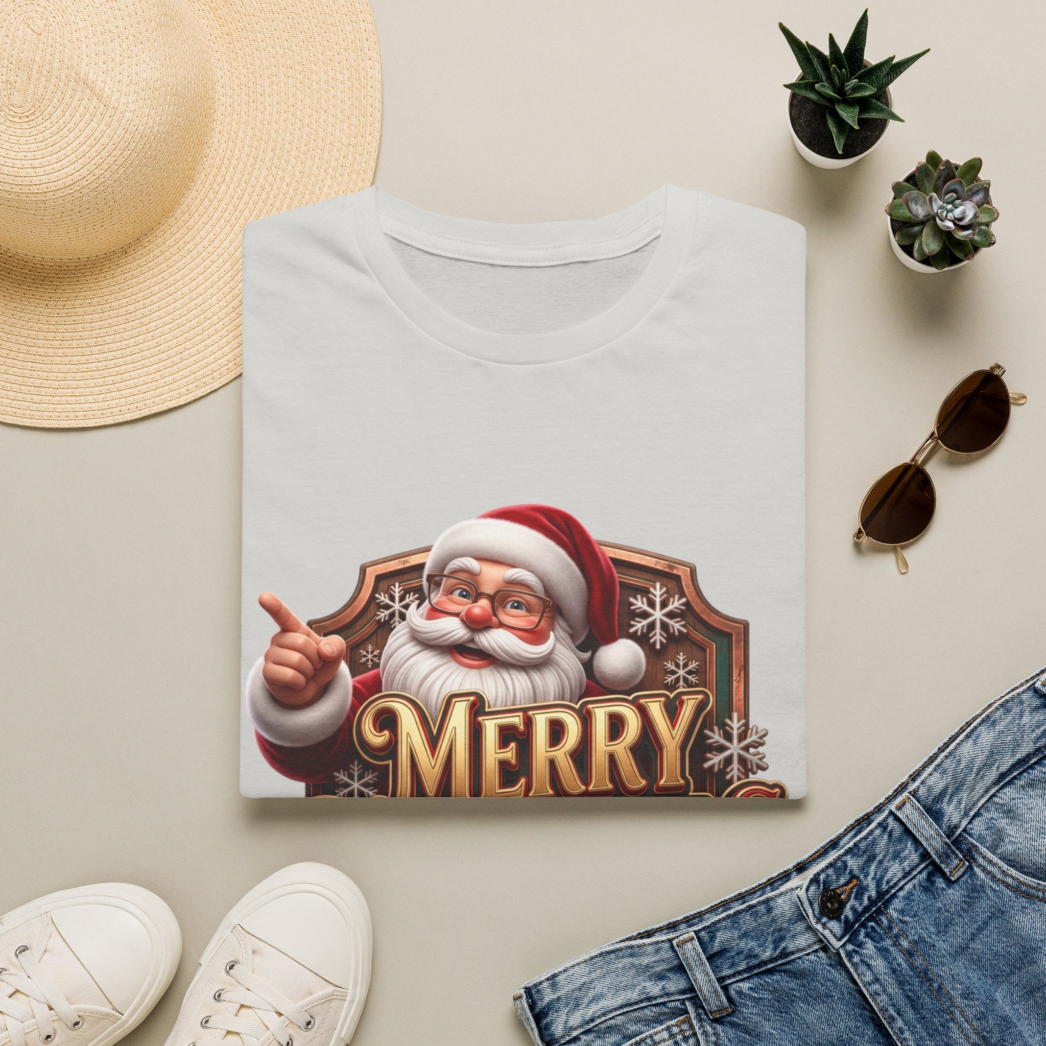 Vintage Santa Merry Christmas Badge print on an Ice Grey t-shirt, folded beside a straw hat and jeans