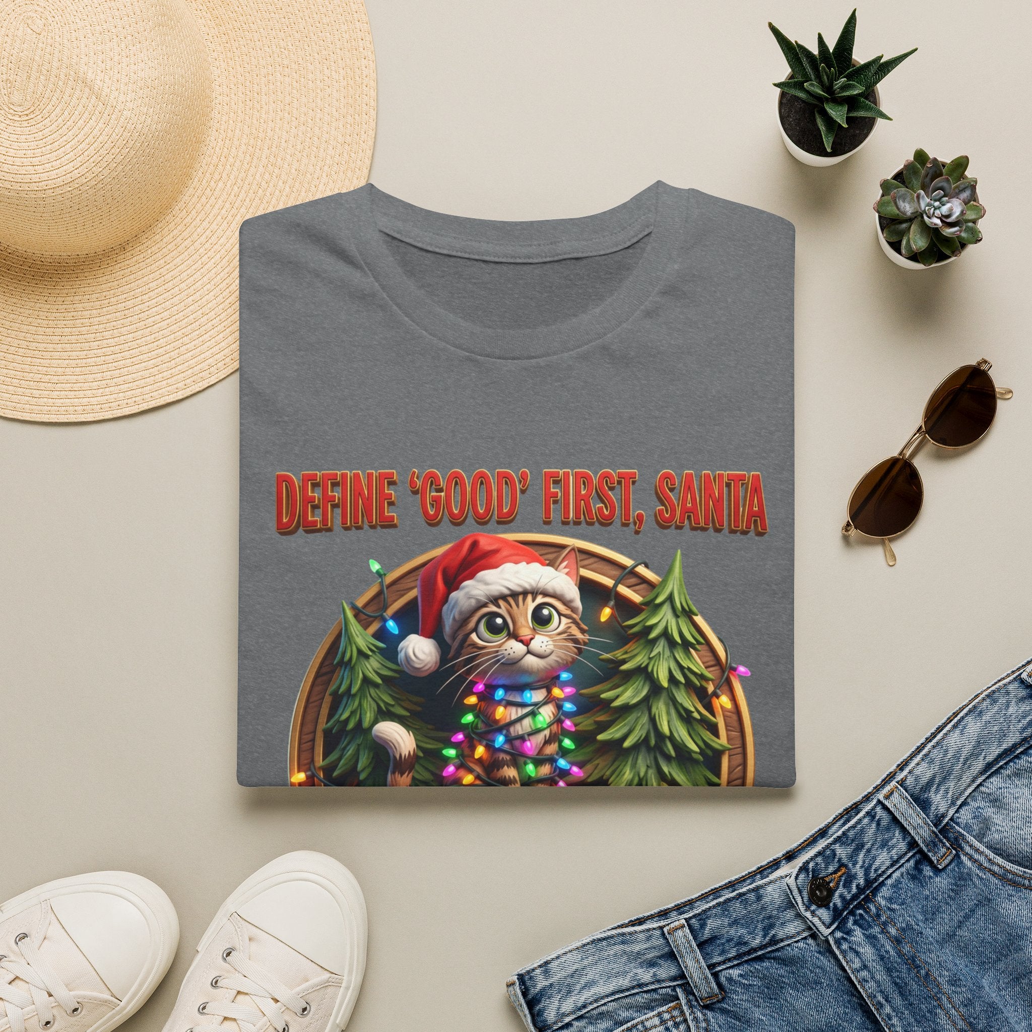 Define Good First Santa Funny Christmas Cat print on a Graphite Heather t-shirt, folded beside a straw hat and jeans