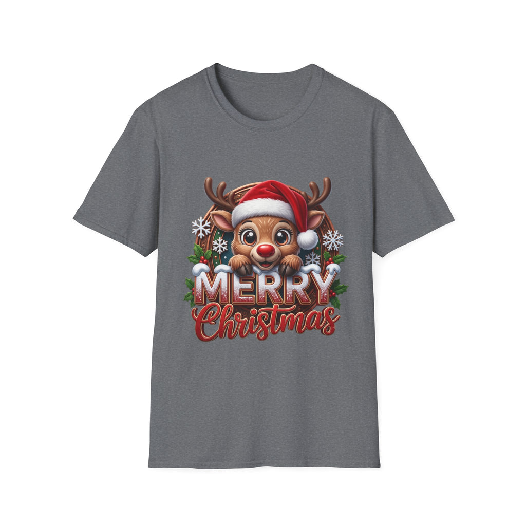Cute Red-Nosed Reindeer print on the front of a Graphite Heather t-shirt, laid flat on white
