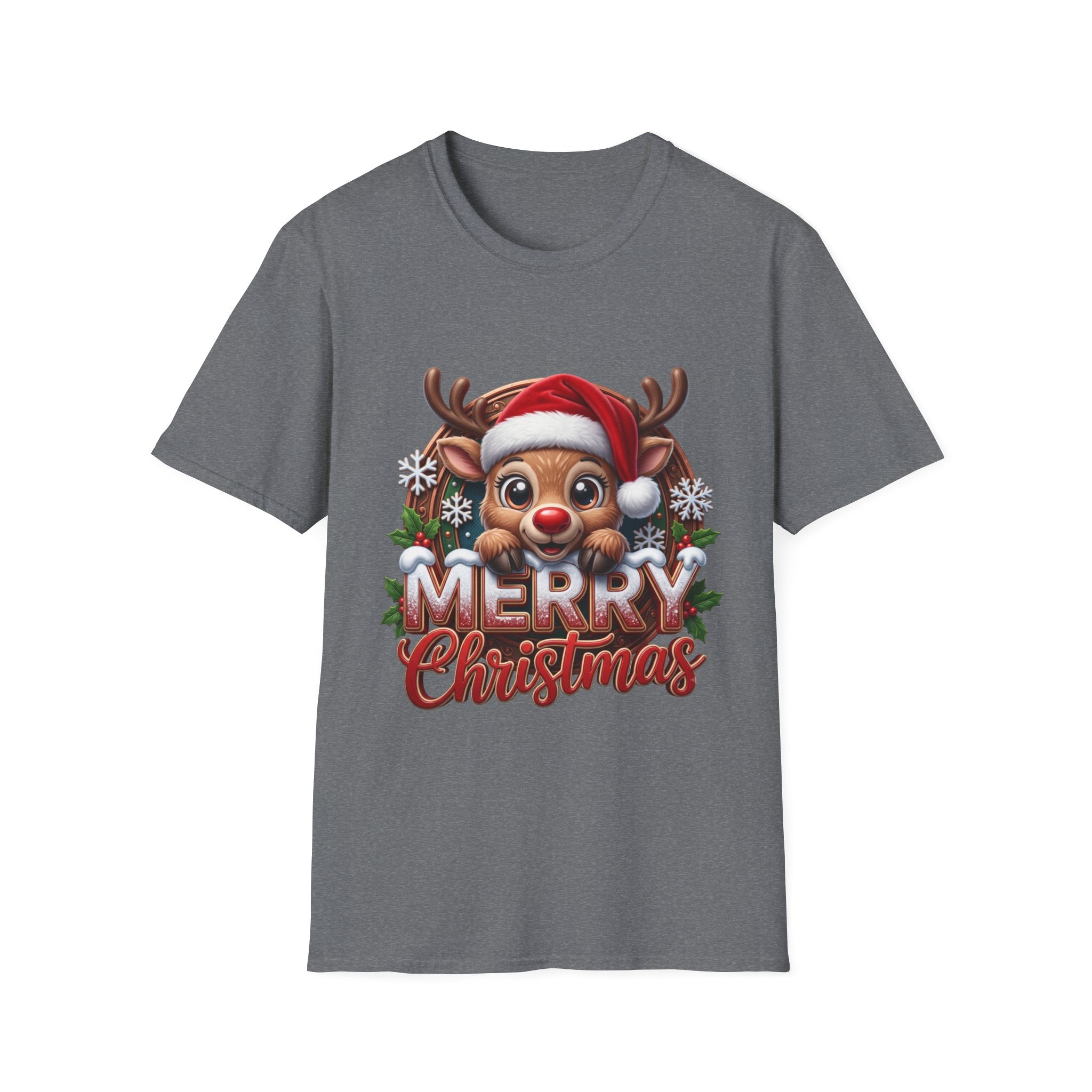 Cute Red-Nosed Reindeer print on the front of a Graphite Heather t-shirt, laid flat on white