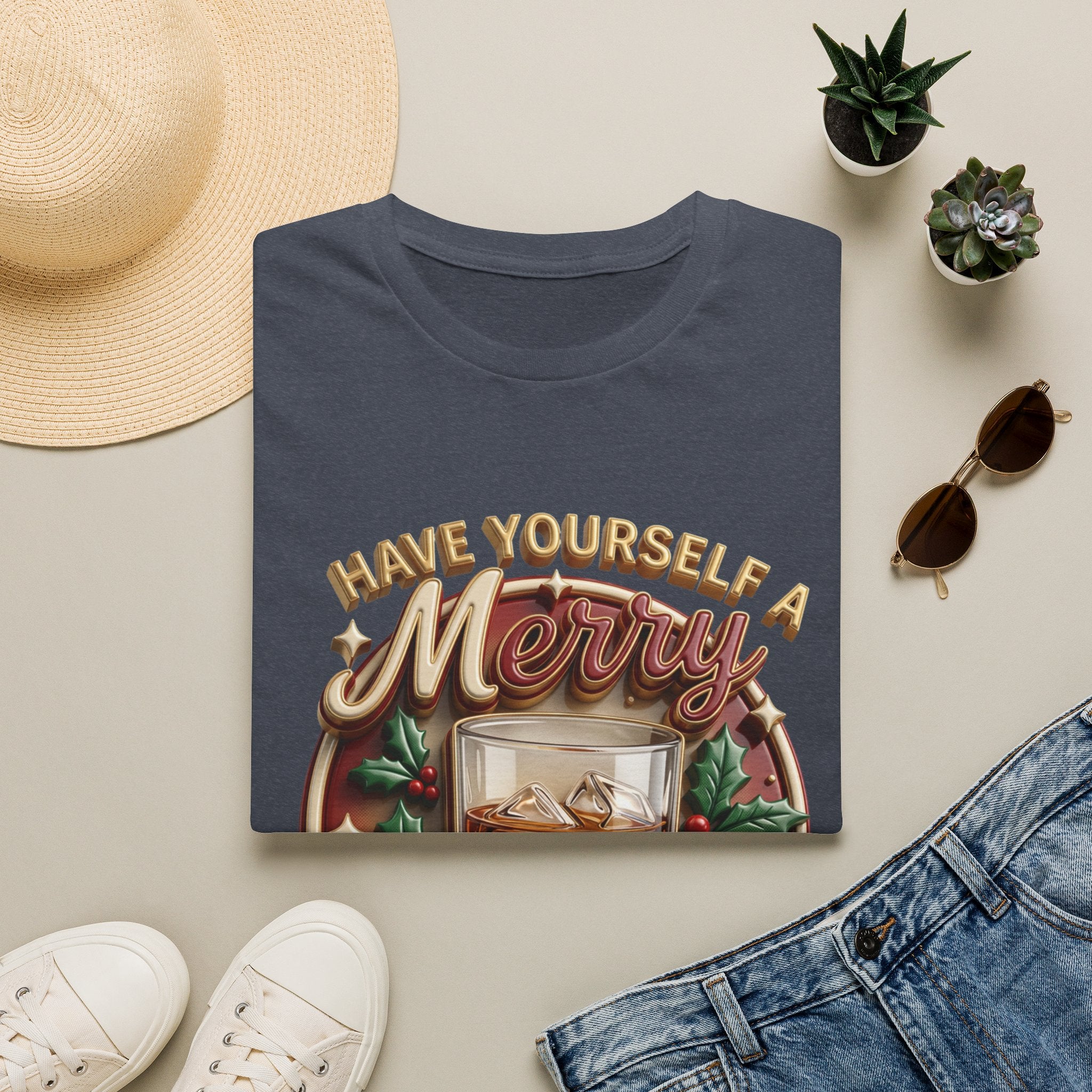 Have Yourself a Merry Little Cocktail print on a Heather Navy t-shirt, folded beside a straw hat and jeans