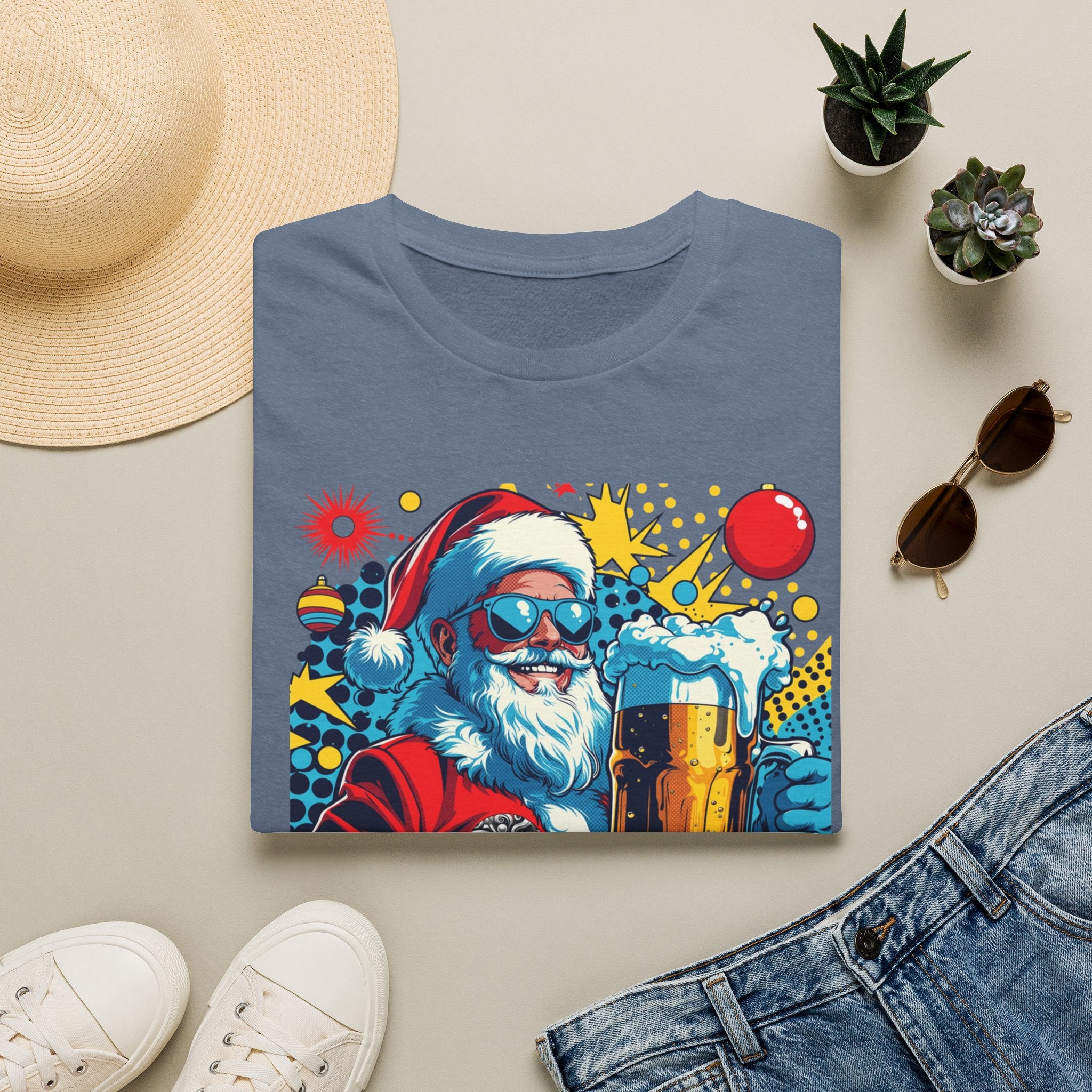 Naughty List Is My People Pop Art Santa Beer T-Shirt, shown in Heather Indigo