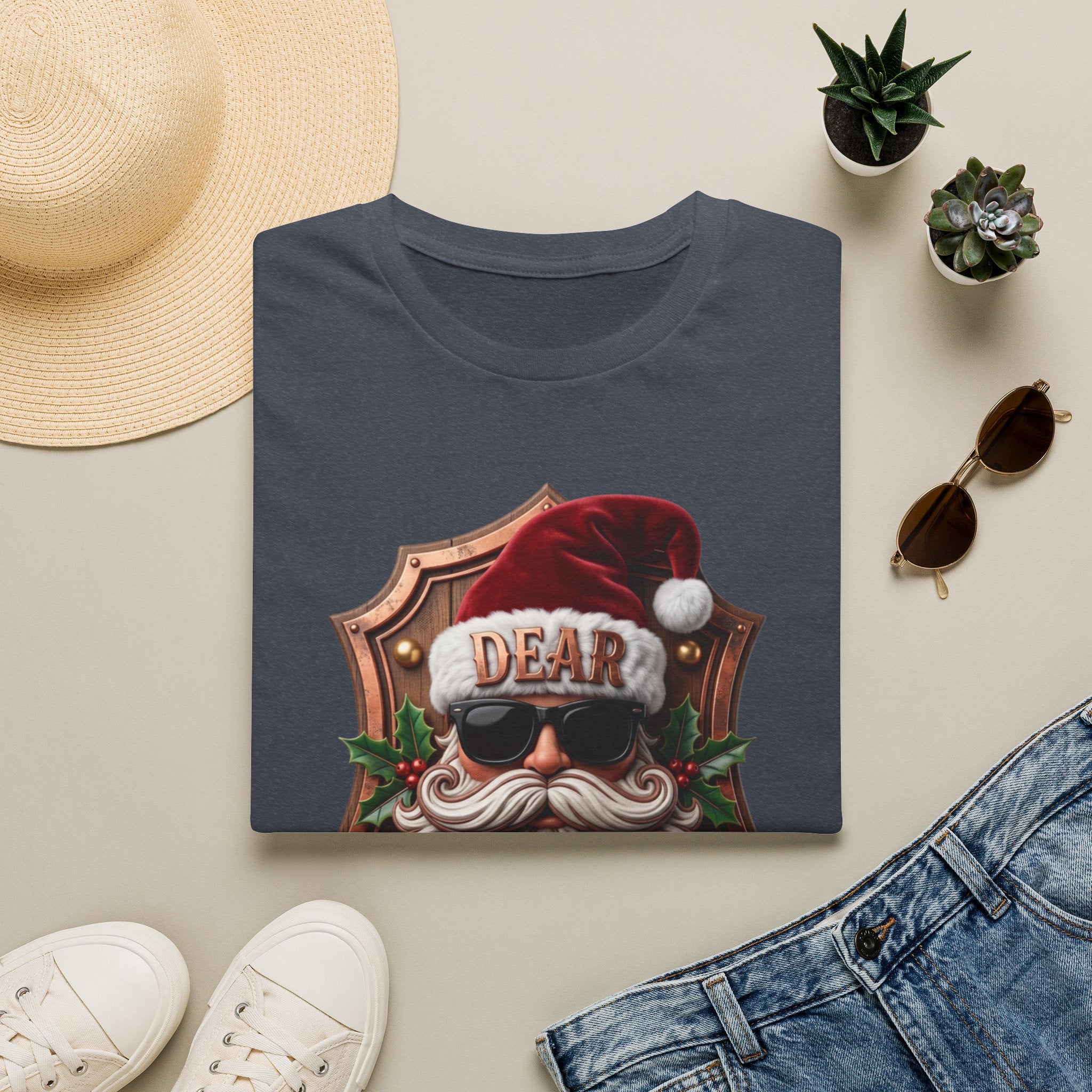 Dear Santa I Can Explain Sunglasses Crest print on a Heather Navy t-shirt, folded beside a straw hat and jeans