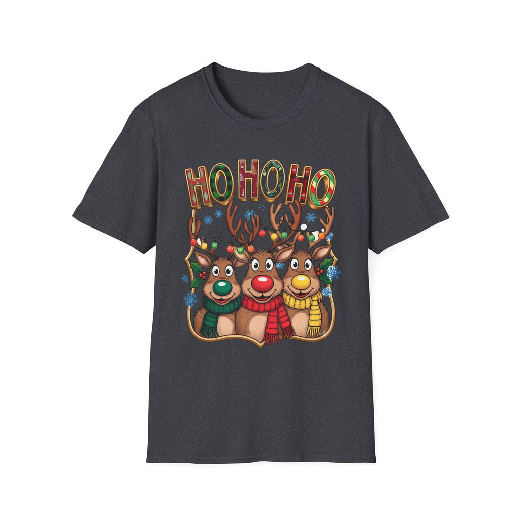 Reindeer Trio Ho Ho Ho Christmas Lights print on the front of a Dark Heather Grey t-shirt, laid flat on white