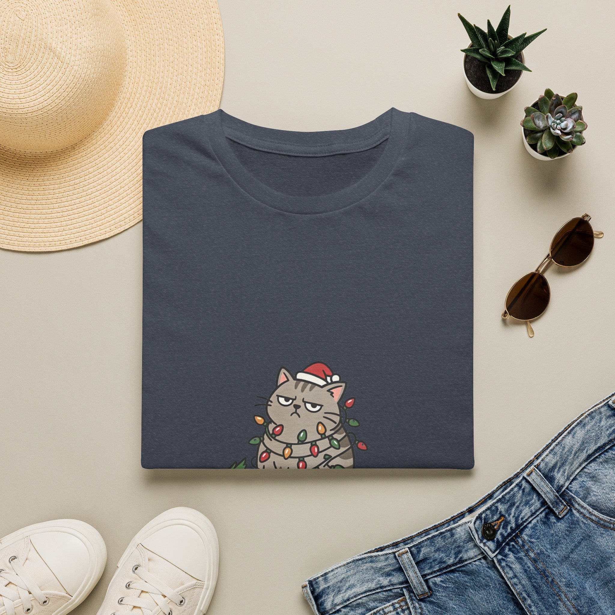 Funny Cat I'm Only Here for the Presents print on a Heather Navy t-shirt, folded beside a straw hat and jeans
