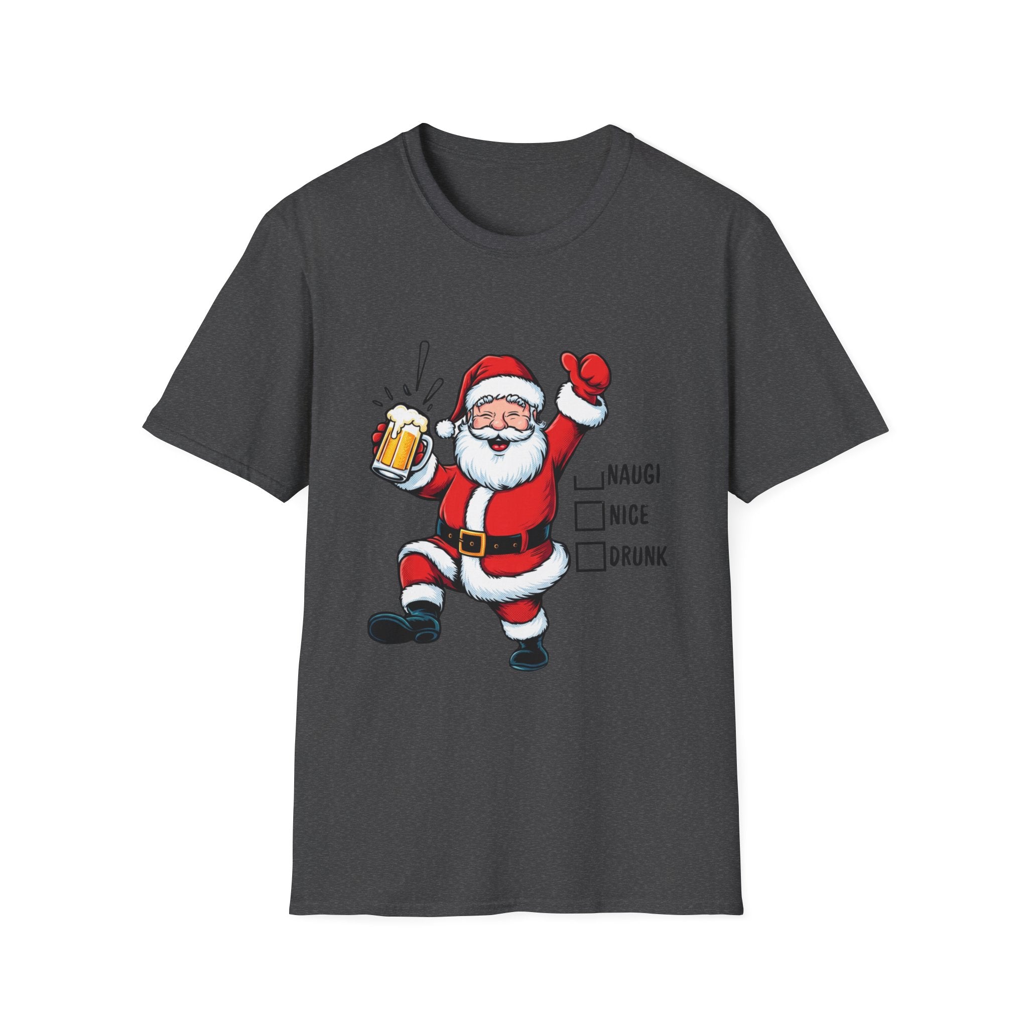 Naughty Nice Drunk Santa Beer Checklist print on the front of a Dark Heather t-shirt, laid flat on white