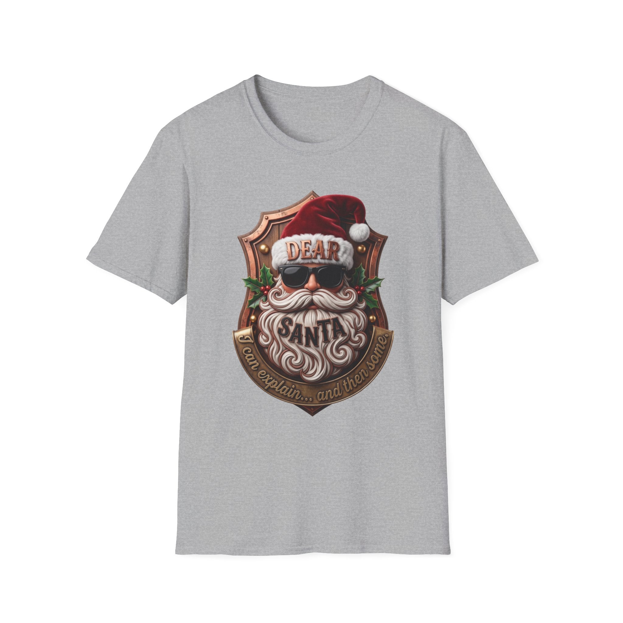 Dear Santa I Can Explain Sunglasses Crest print on the front of a Sport Grey t-shirt, laid flat on white