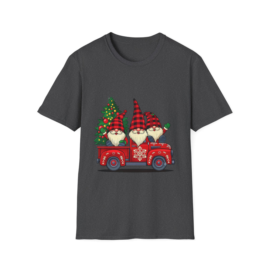 Buffalo Plaid Gnomes Red Truck print on the front of a Dark Heather t-shirt, laid flat on white