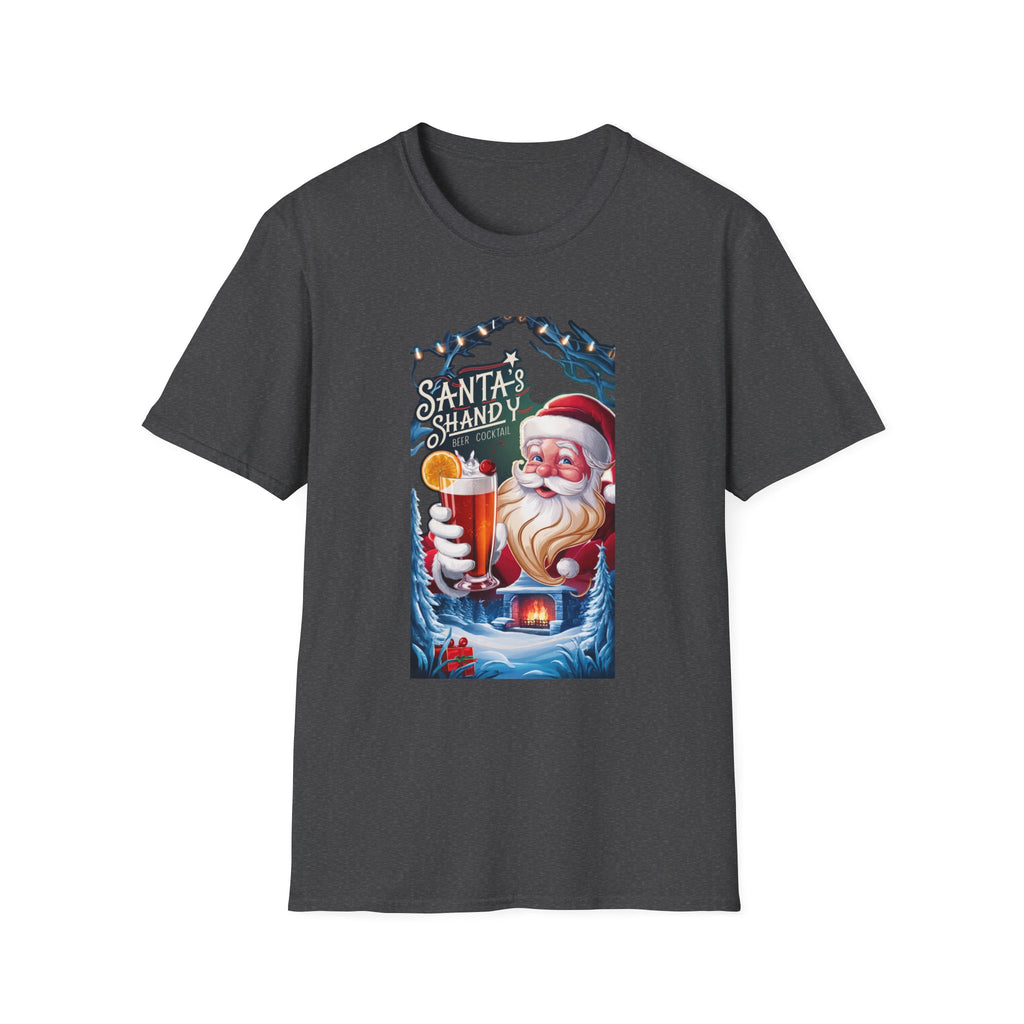 Santa's Shandy Beer Cocktail print on the front of a Dark Heather t-shirt, laid flat on white