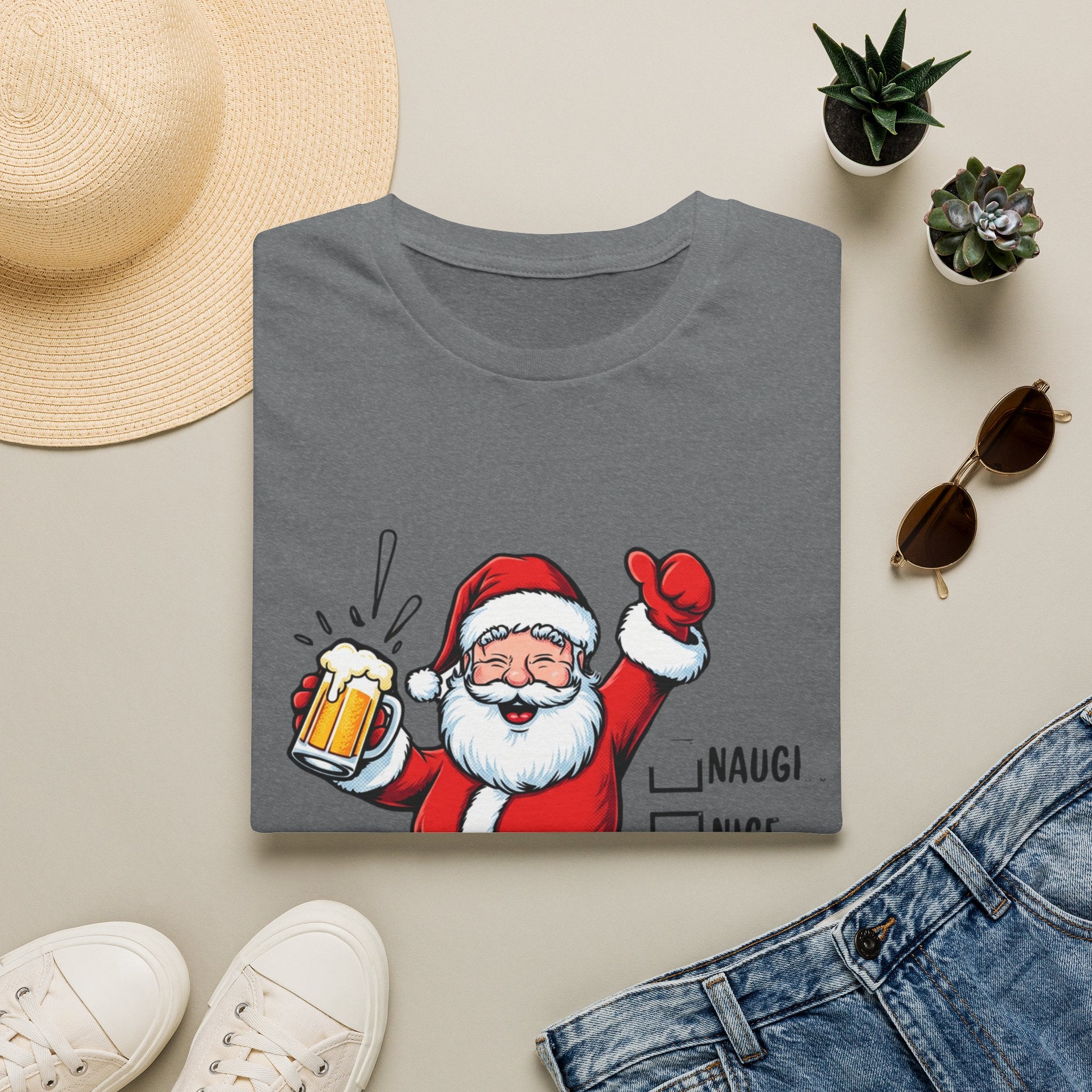 Naughty Nice Drunk Santa Beer Checklist print on a Graphite Heather t-shirt, folded beside a straw hat and jeans