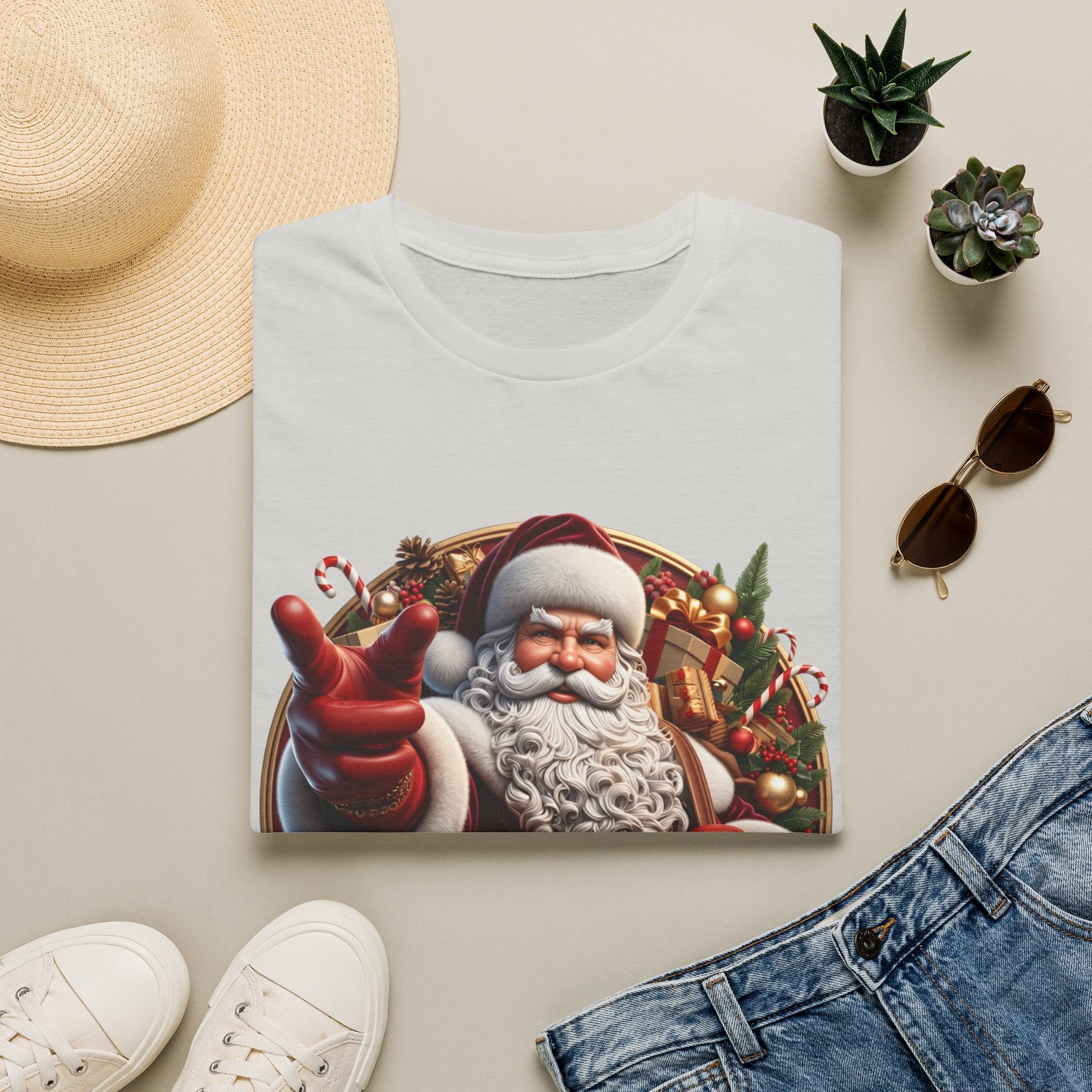 Santa You're On The List Pointing print on an Ice Grey t-shirt, folded beside a straw hat and jeans