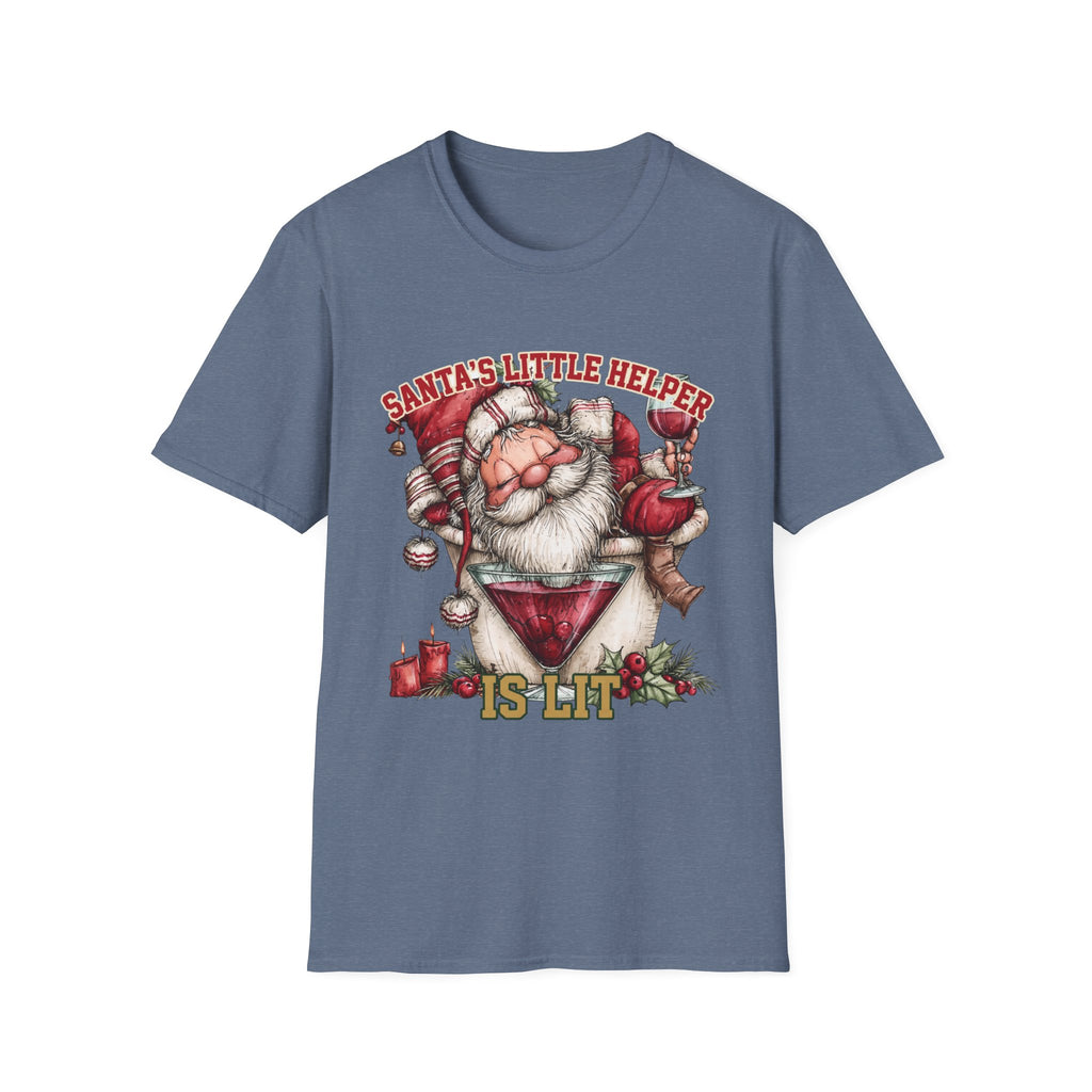 Santa's Little Helper Is Lit Christmas Wine print on the front of a Heather Indigo t-shirt, laid flat on white