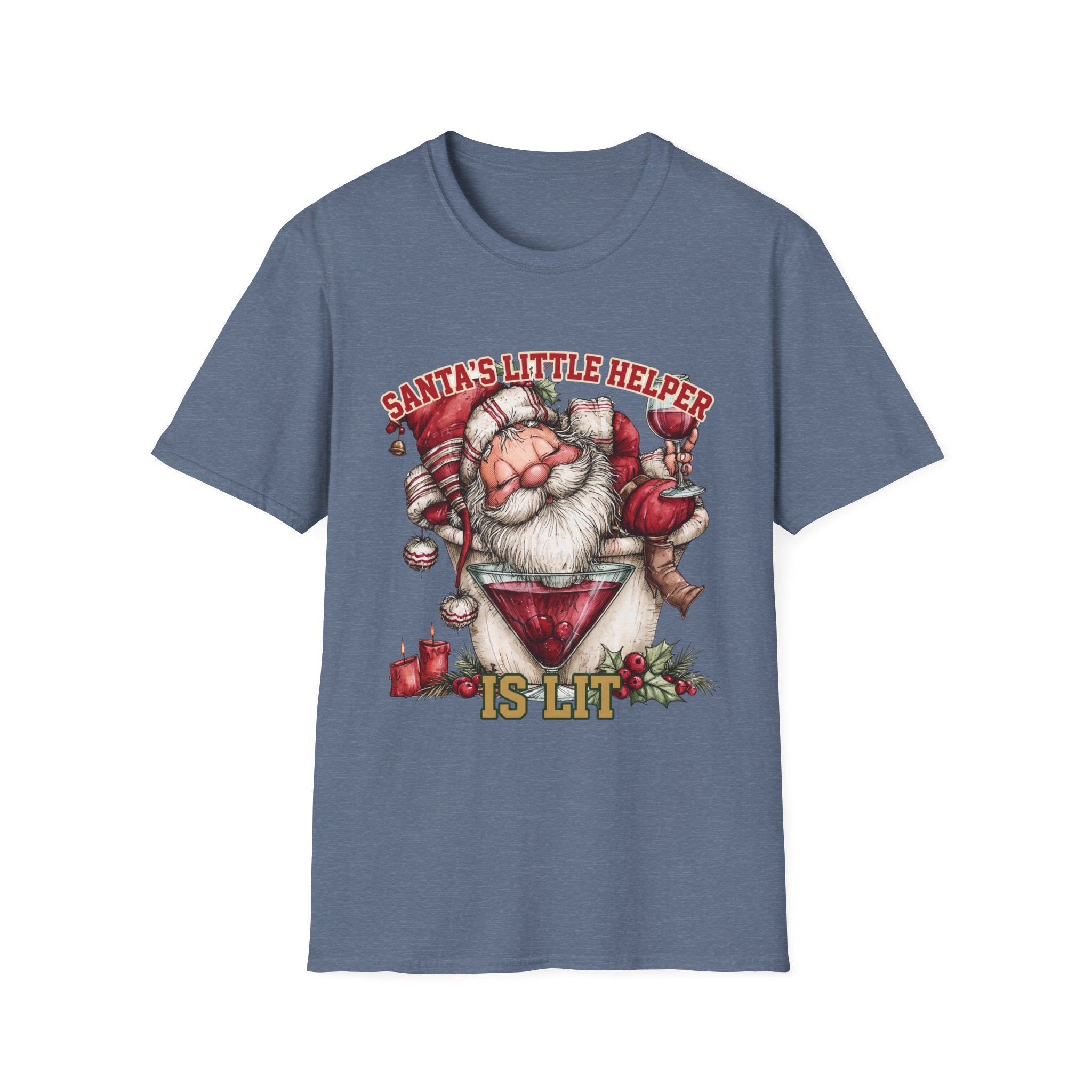 Santa's Little Helper Is Lit Christmas Wine print on the front of a Heather Indigo t-shirt, laid flat on white