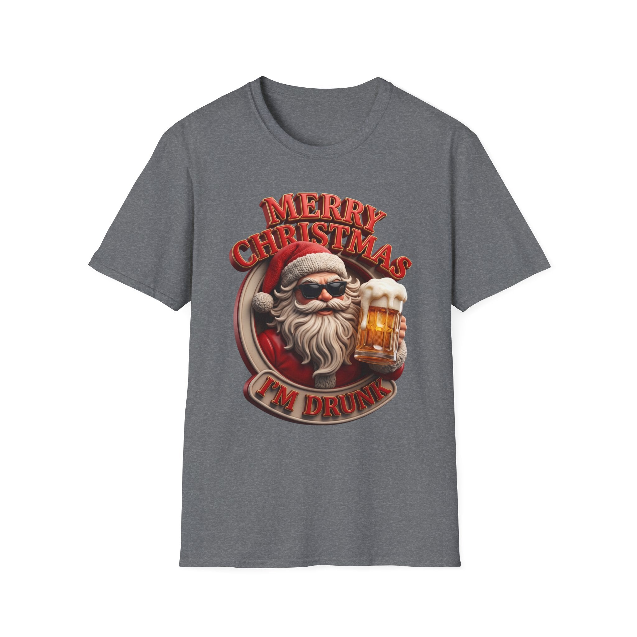 Merry Christmas I'm Drunk Santa print on the front of a Graphite Heather t-shirt, laid flat on white