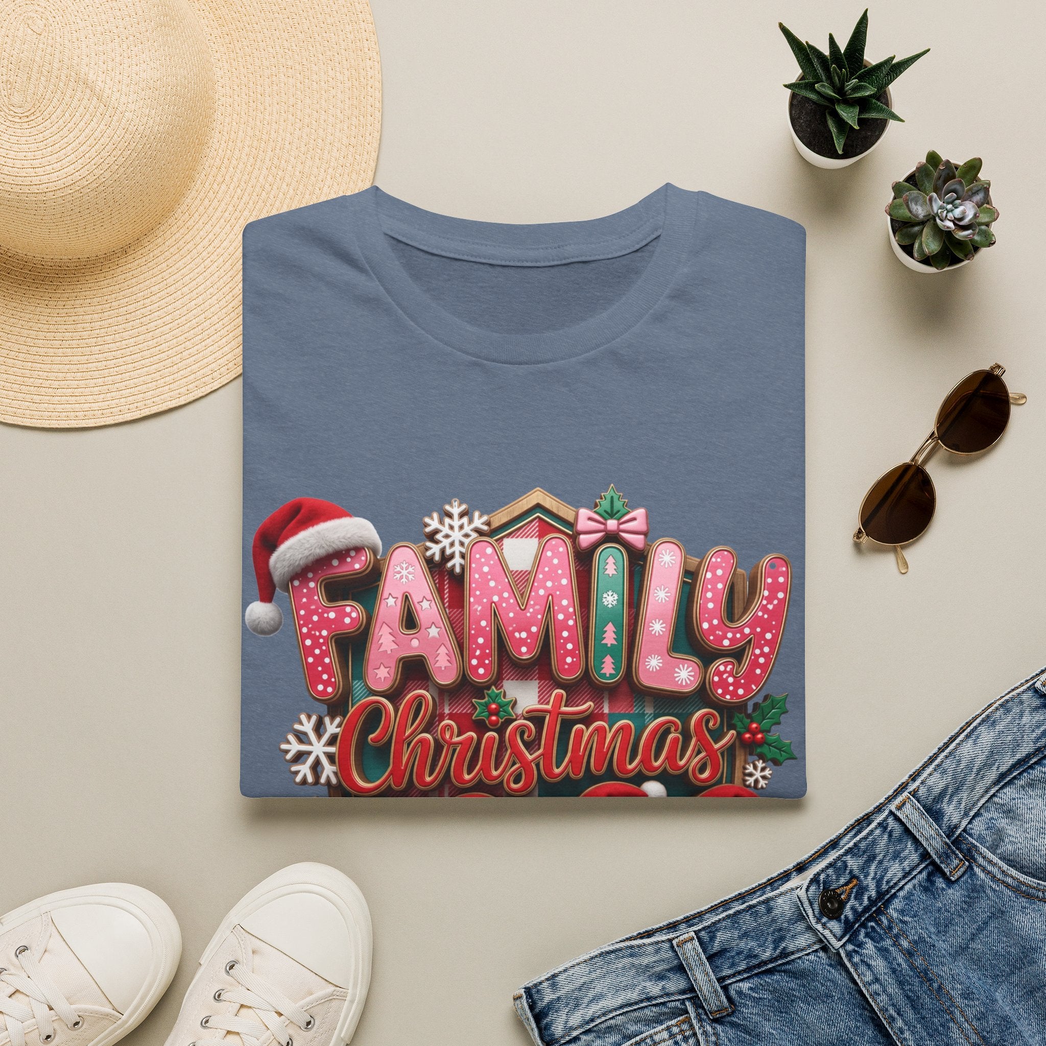 Family Christmas 2026 Making Memories Together print on a Heather Indigo t-shirt, folded beside a straw hat and jeans