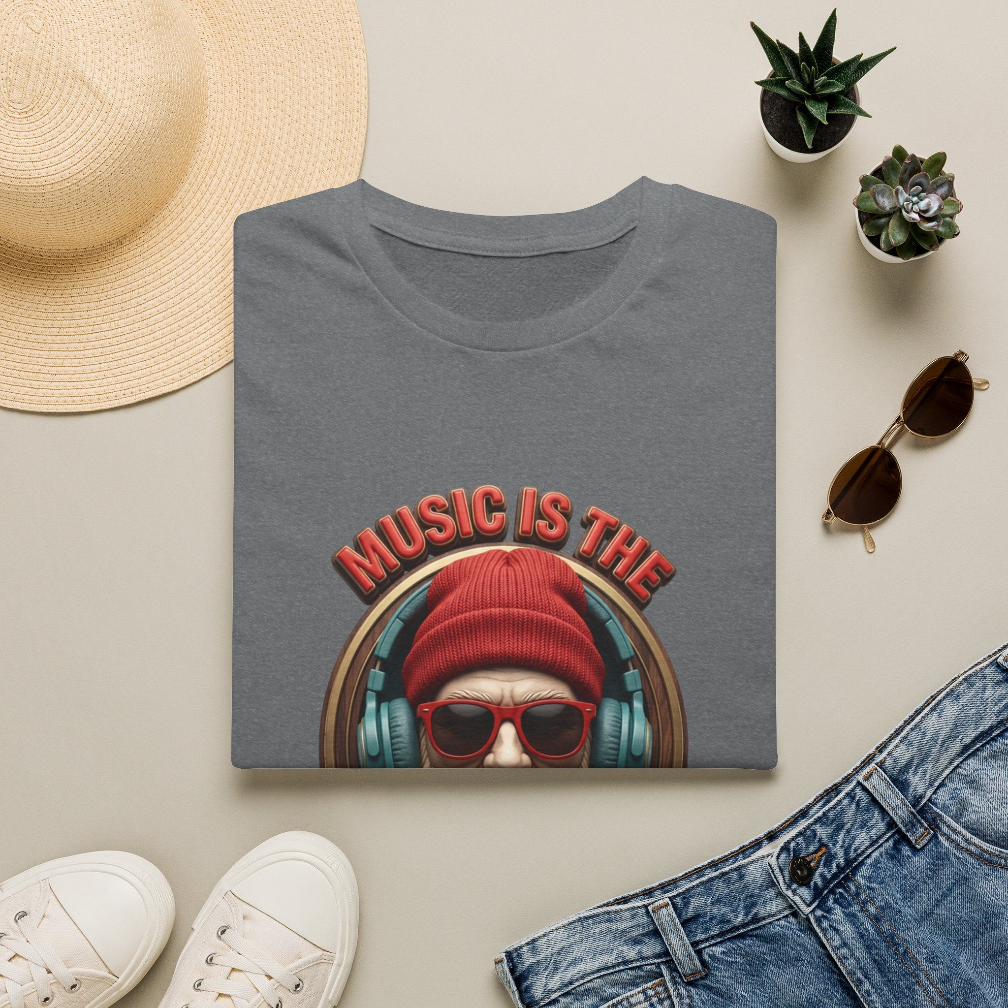 Music Is The Only Therapy Bearded Beanie print on a Graphite Heather t-shirt, folded beside a straw hat and jeans