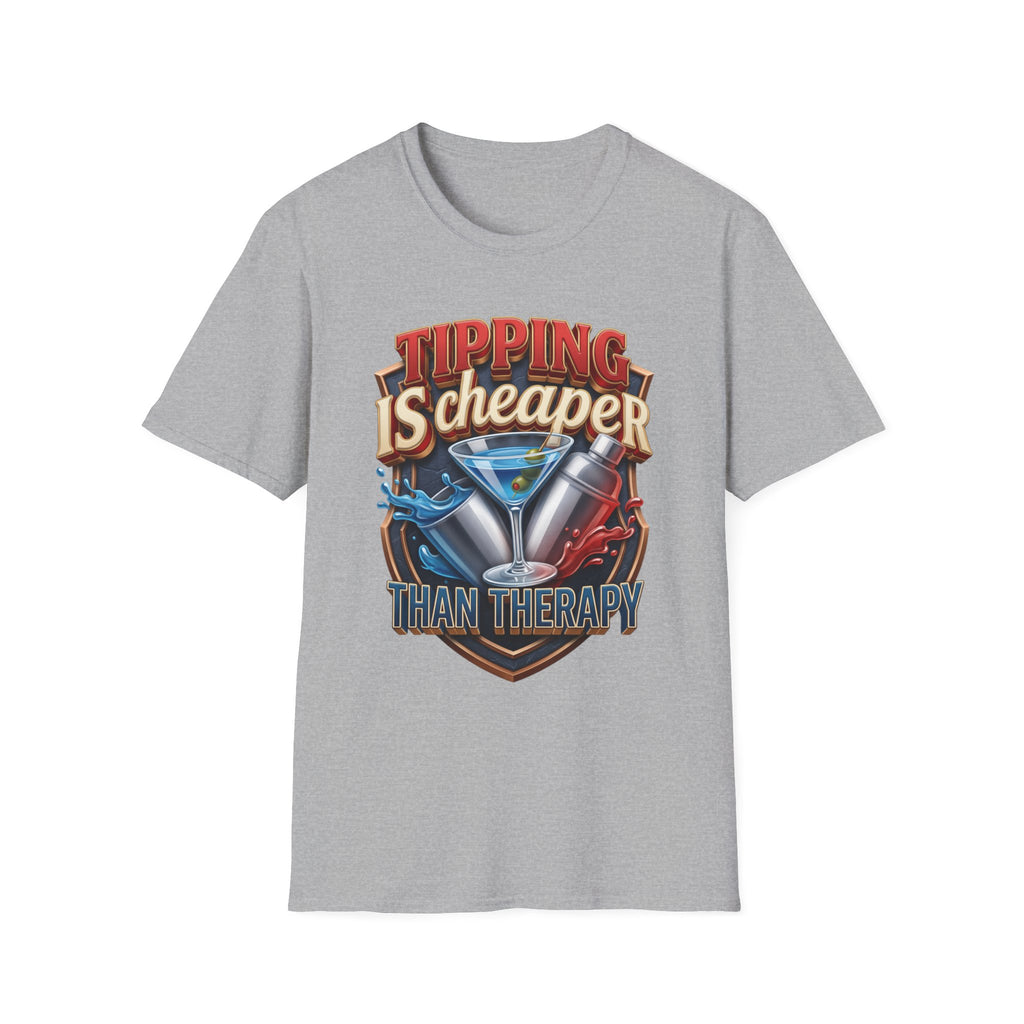 Tipping Is Cheaper Than Therapy Bartender print on the front of a Sport Grey t-shirt, laid flat on white