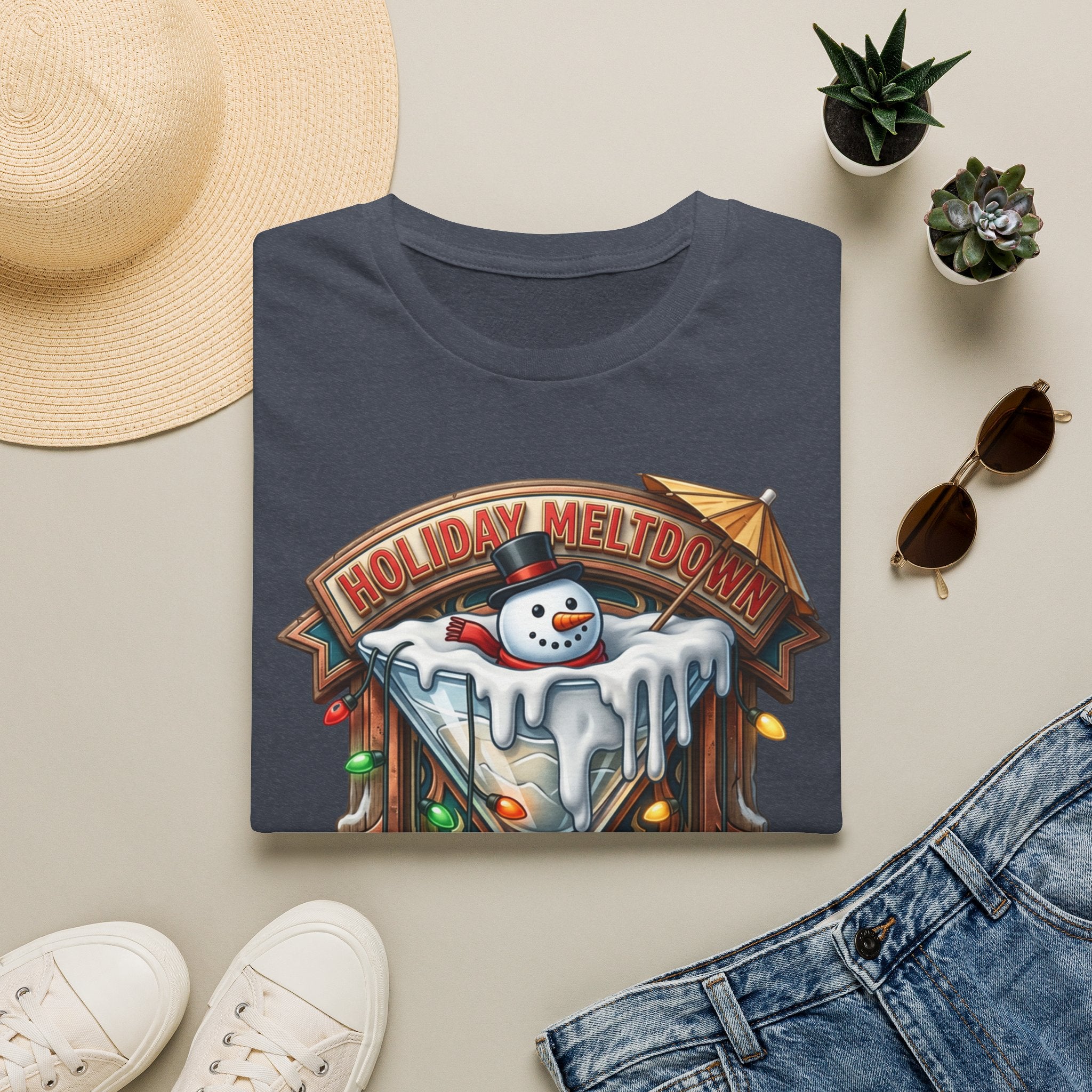 Holiday Meltdown Snowman Martini print on a Heather Navy t-shirt, folded beside a straw hat and jeans