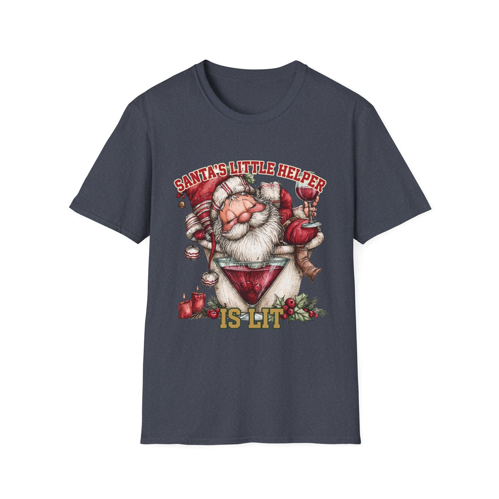 Santa's Little Helper Is Lit Christmas Wine print on the front of a Heather Navy t-shirt, laid flat on white