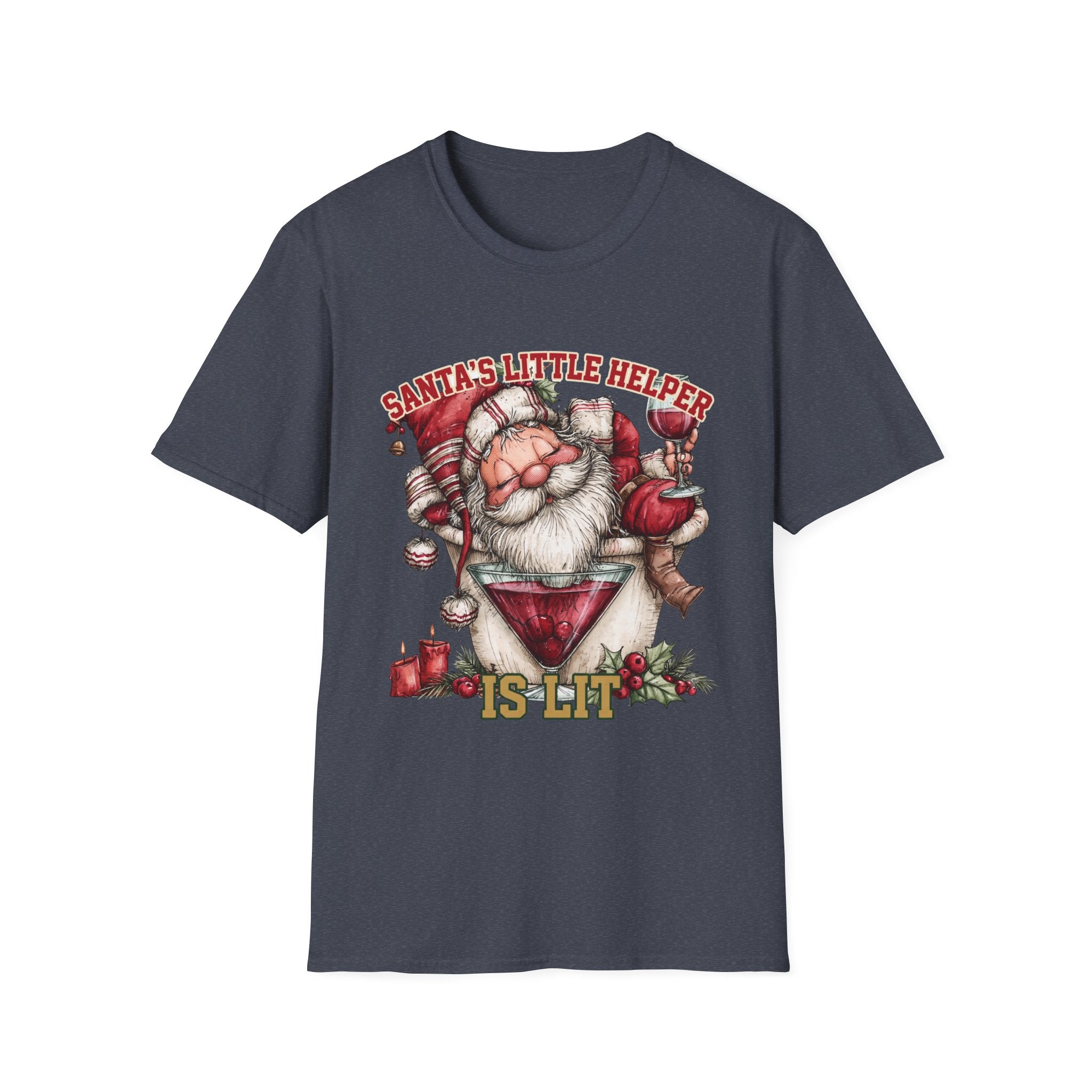 Santa's Little Helper Is Lit Christmas Wine print on the front of a Heather Navy t-shirt, laid flat on white
