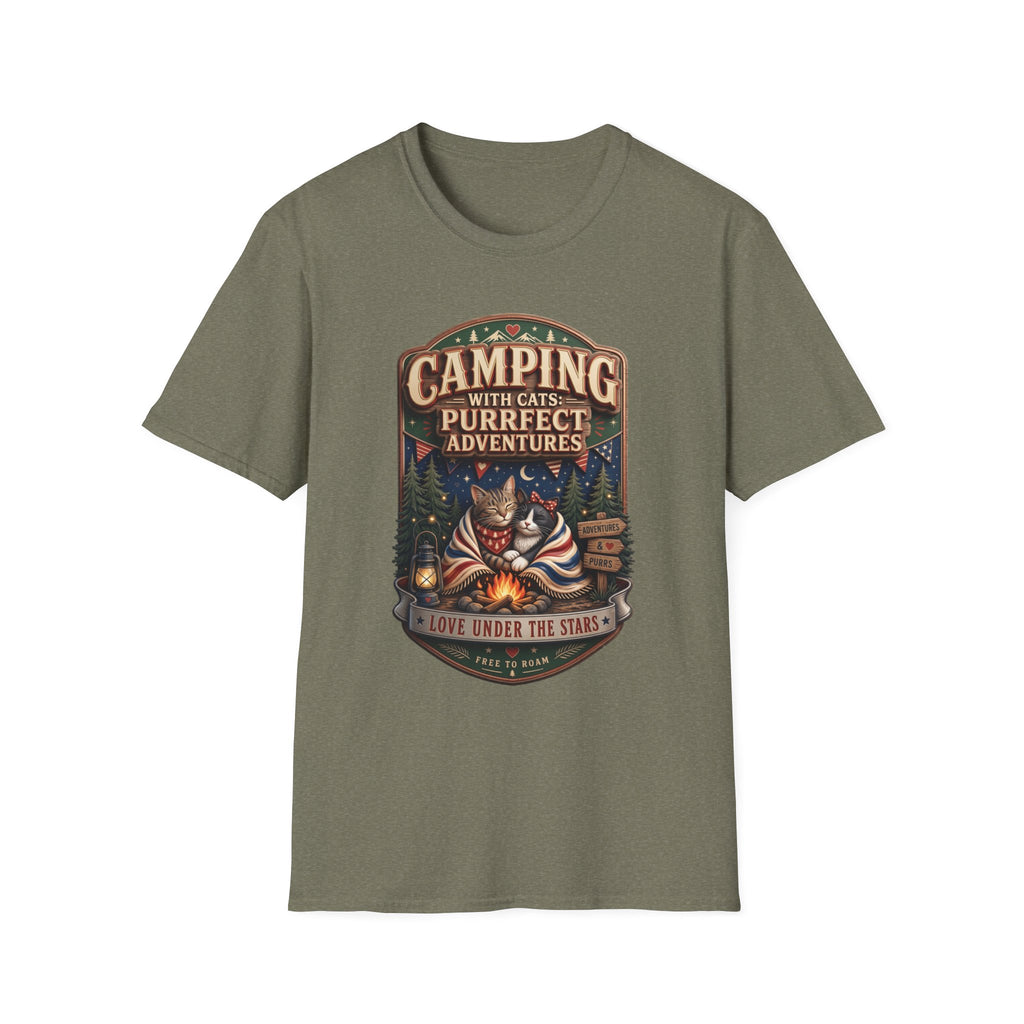 Camping With Cats Purrfect Adventures print on the front of a Heather Military Green t-shirt, laid flat on white