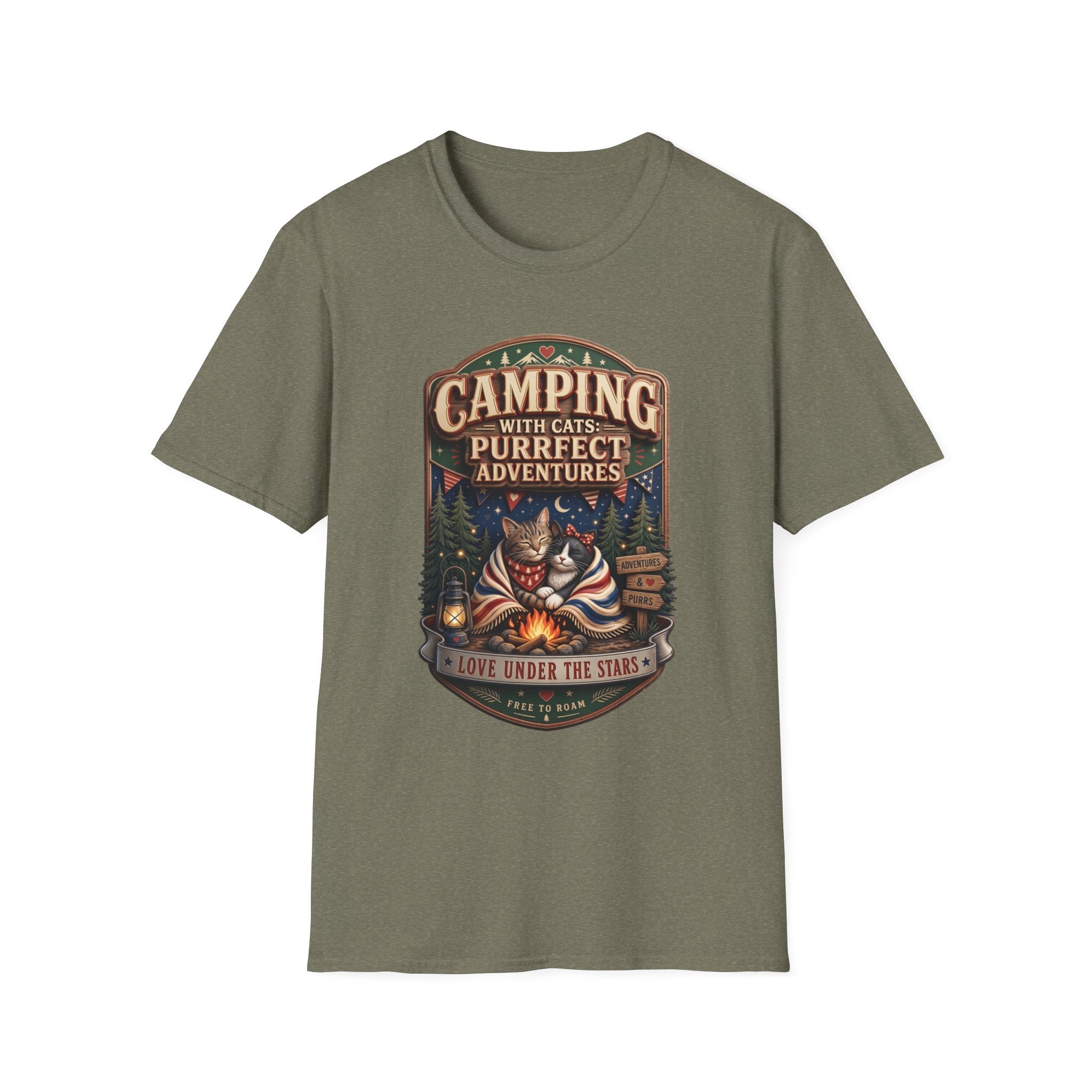 Camping With Cats Purrfect Adventures print on the front of a Heather Military Green t-shirt, laid flat on white