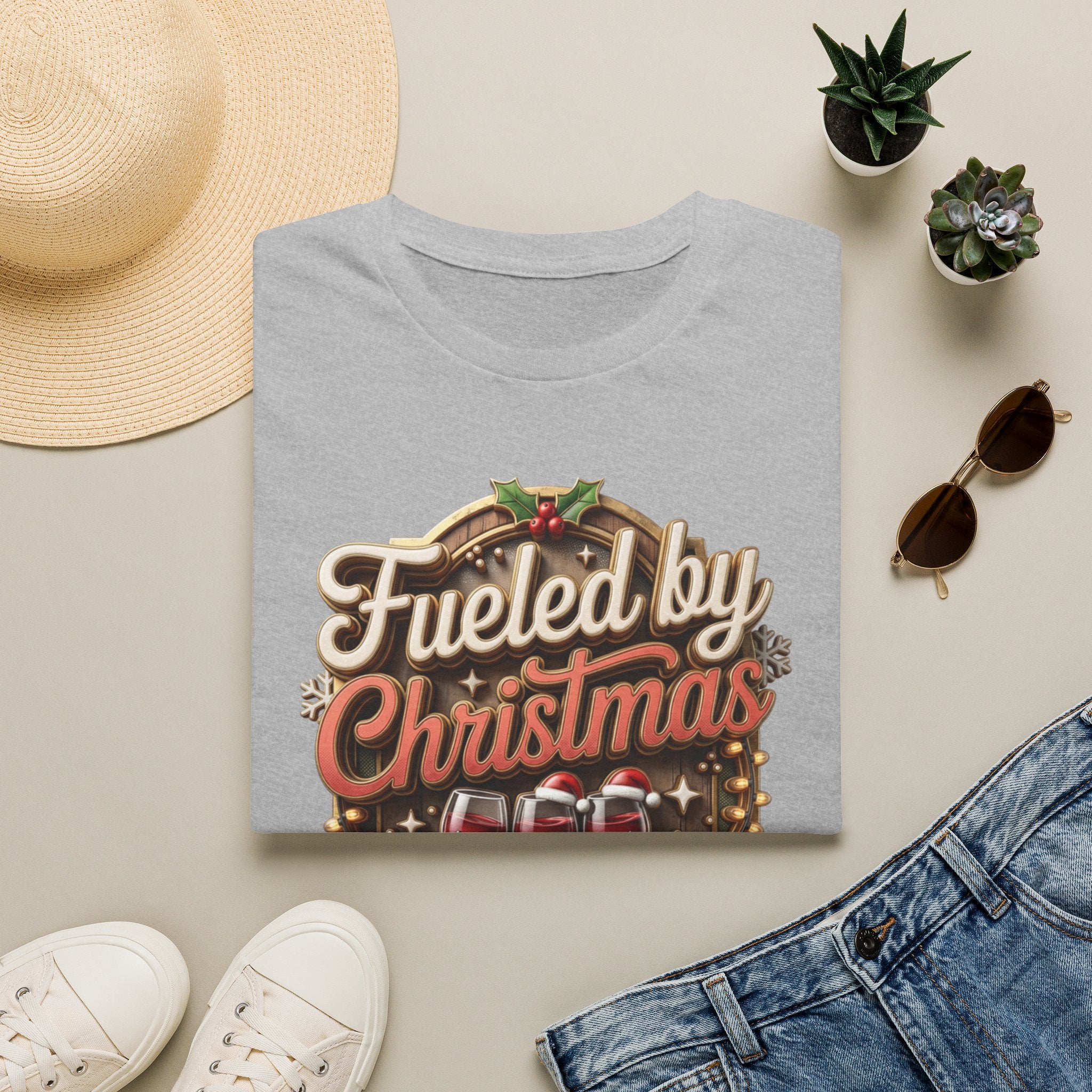 Fueled by Christmas Spirits Wine print on a Sport Grey t-shirt, folded beside a straw hat and jeans