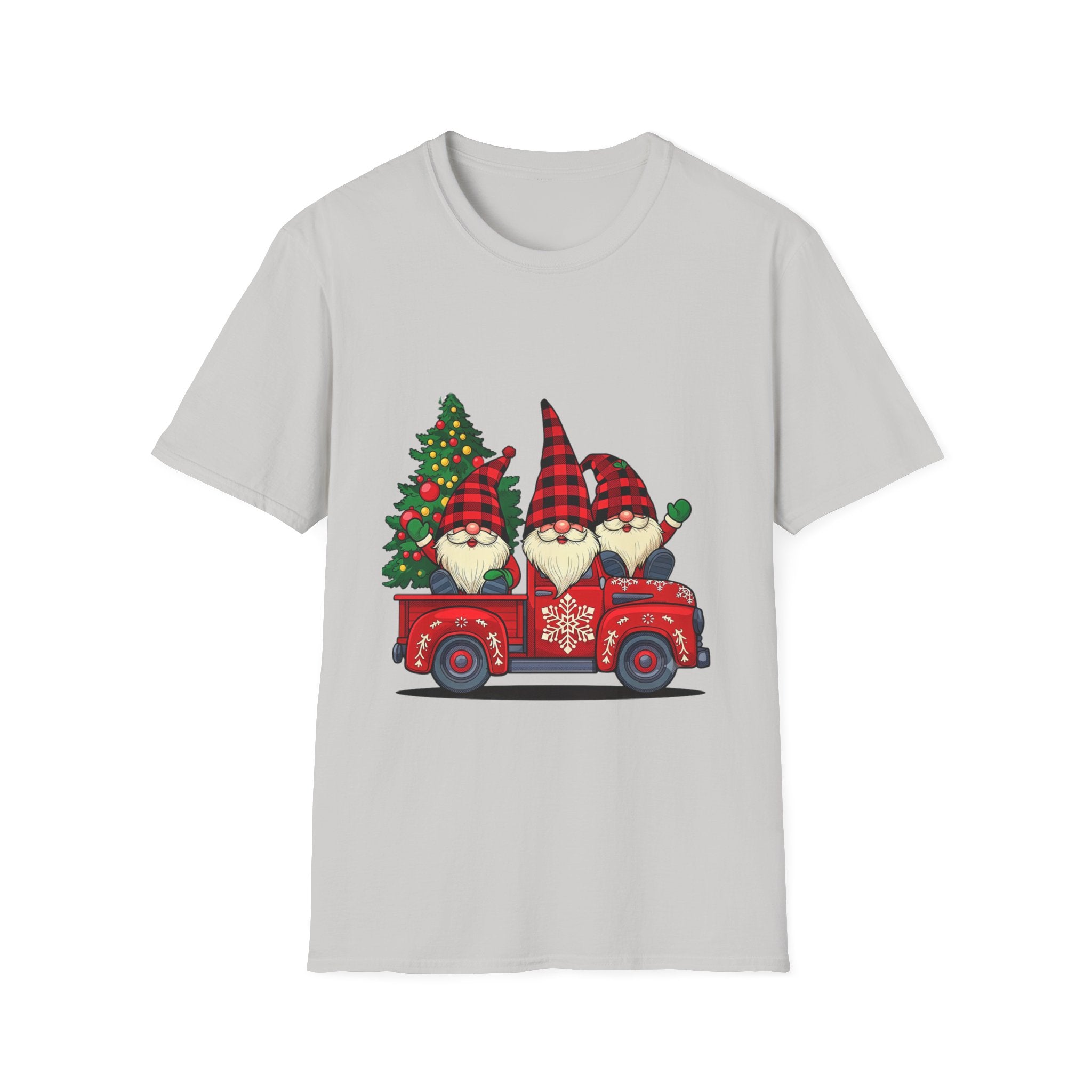 Buffalo Plaid Gnomes Red Truck print on the front of an Ice Grey t-shirt, laid flat on white