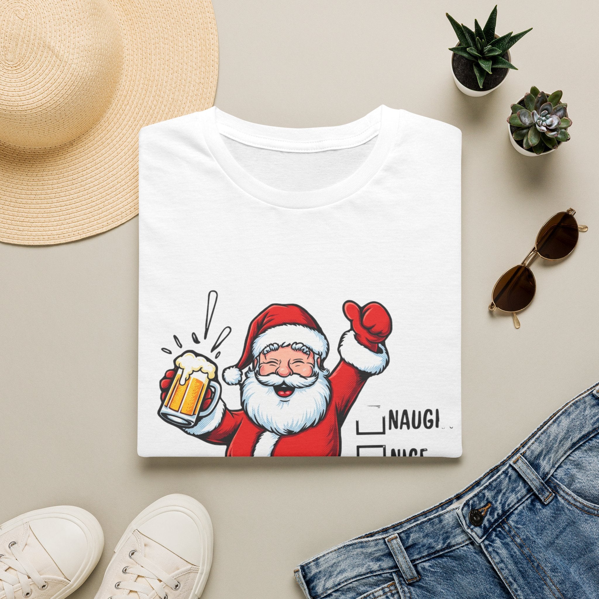 Naughty Nice Drunk Santa Beer Checklist print on a White t-shirt, folded beside a straw hat and jeans