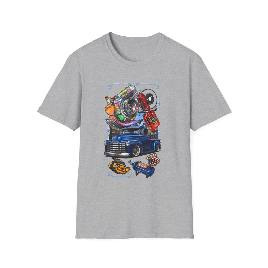 Turbocharged Snail Gearhead Car Parts print on the front of a Sport Grey t-shirt, laid flat on white