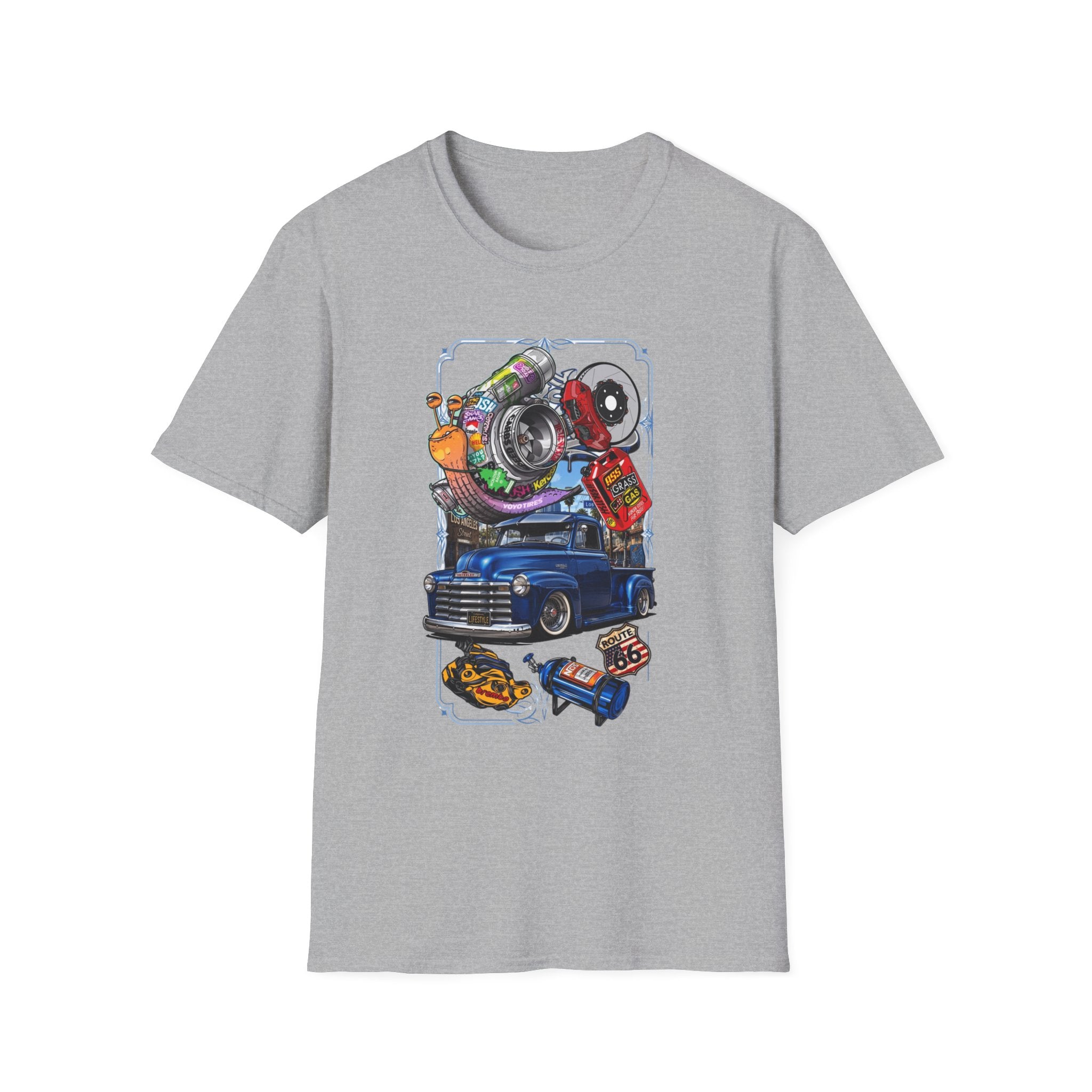 Turbocharged Snail Gearhead Car Parts print on the front of a Sport Grey t-shirt, laid flat on white