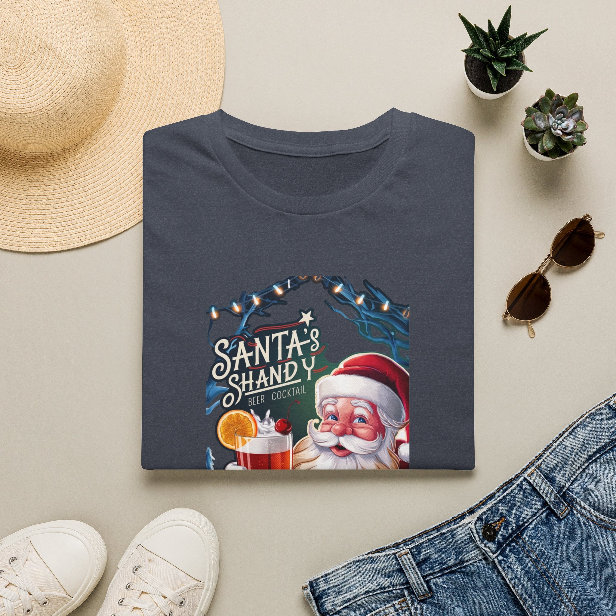 Santa's Shandy Beer Cocktail print on a Heather Navy t-shirt, folded beside a straw hat and jeans