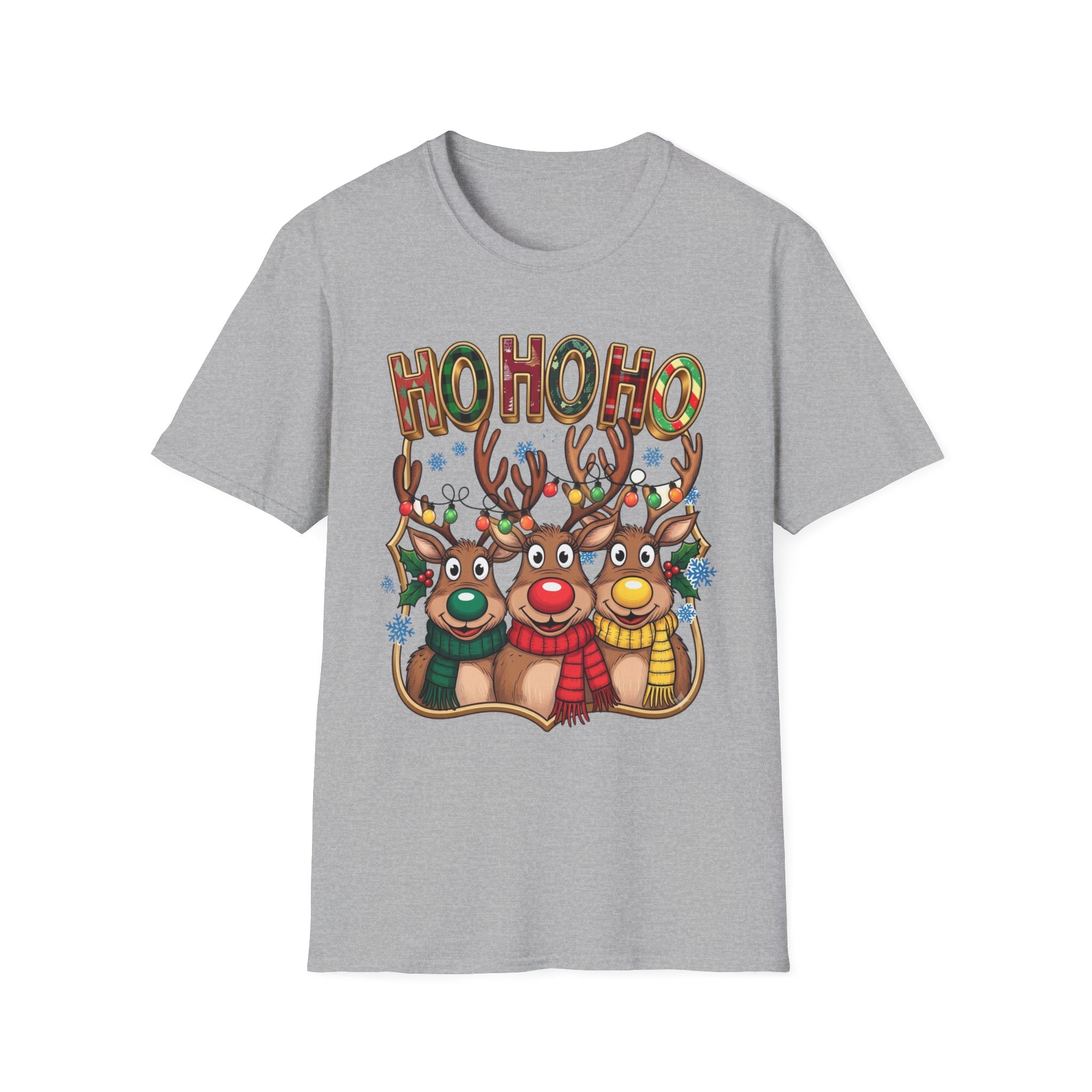 Reindeer Trio Ho Ho Ho Christmas Lights print on the front of a Sport Grey t-shirt, laid flat on white