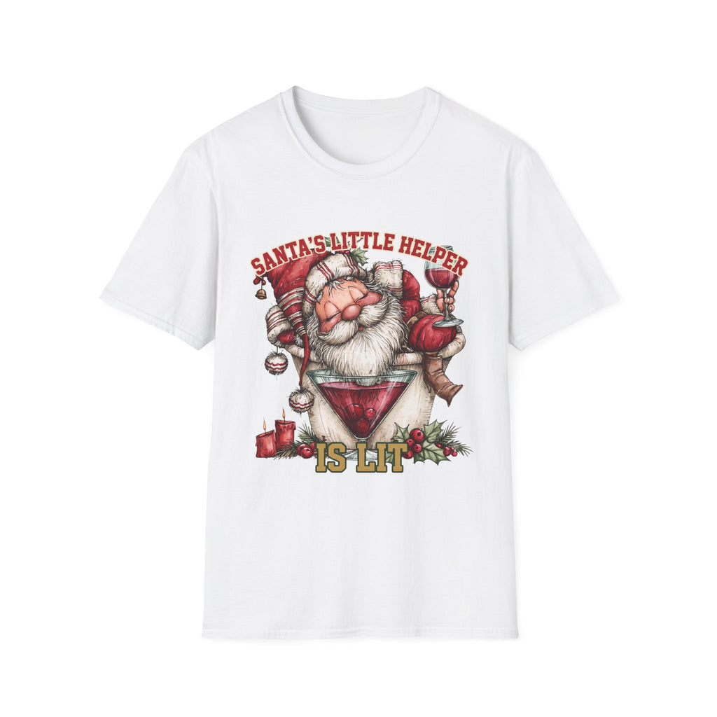 Santa's Little Helper Is Lit Christmas Wine print on the front of a White t-shirt, laid flat on white