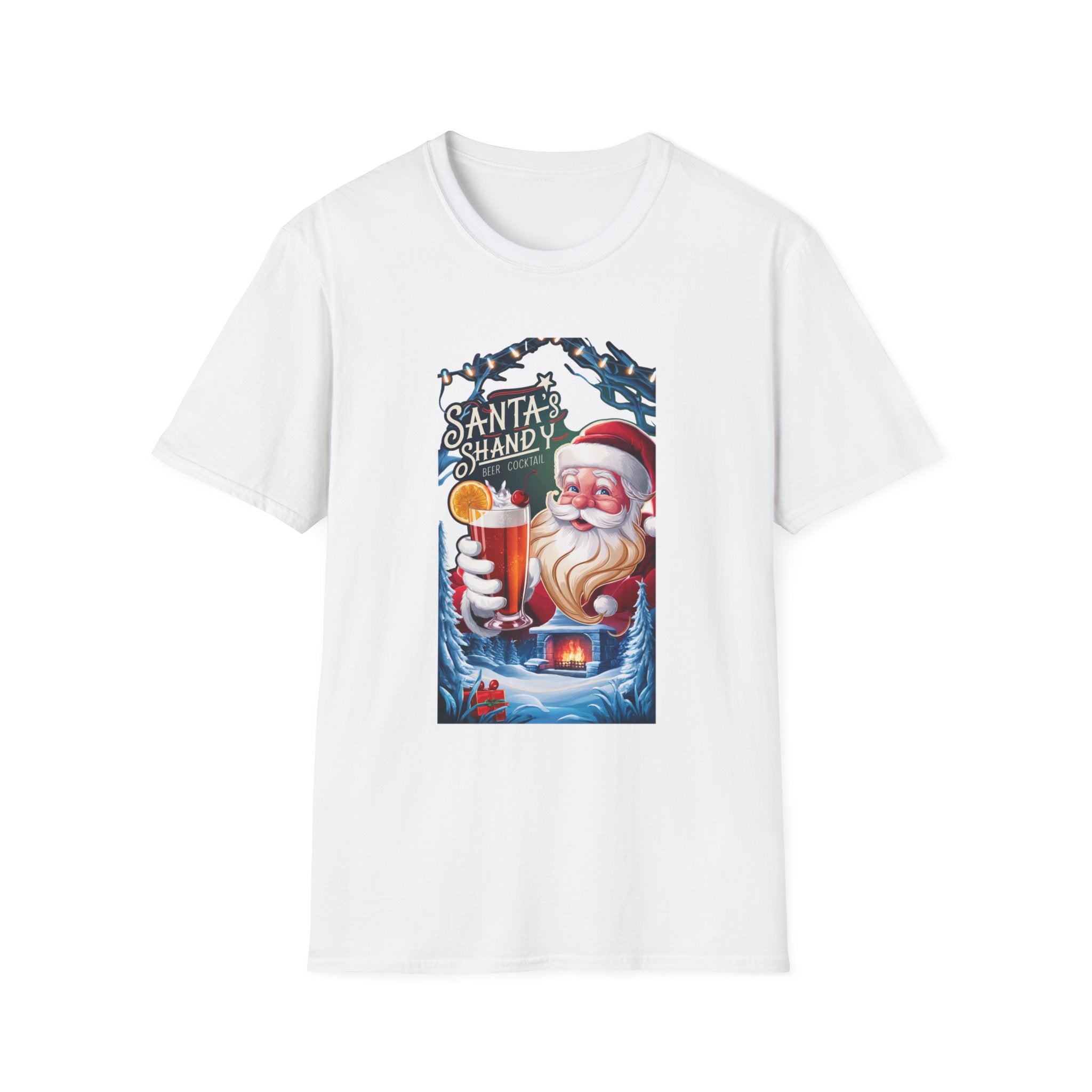 Santa's Shandy Beer Cocktail print on the front of a White t-shirt, laid flat on white
