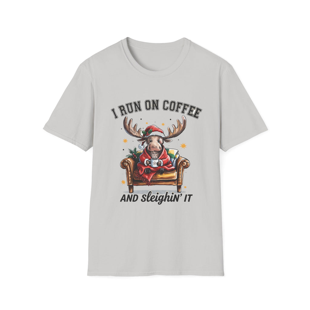 Moose I Run On Coffee and Sleighin' It print on the front of an Ice Grey t-shirt, laid flat on white
