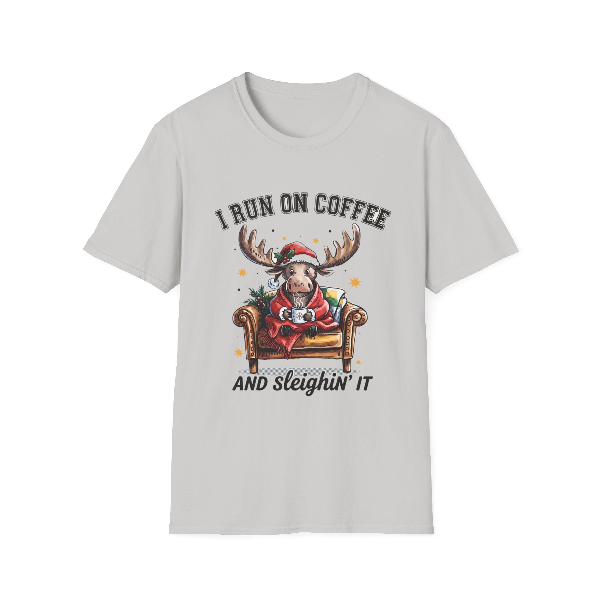 Moose I Run On Coffee and Sleighin' It print on the front of an Ice Grey t-shirt, laid flat on white