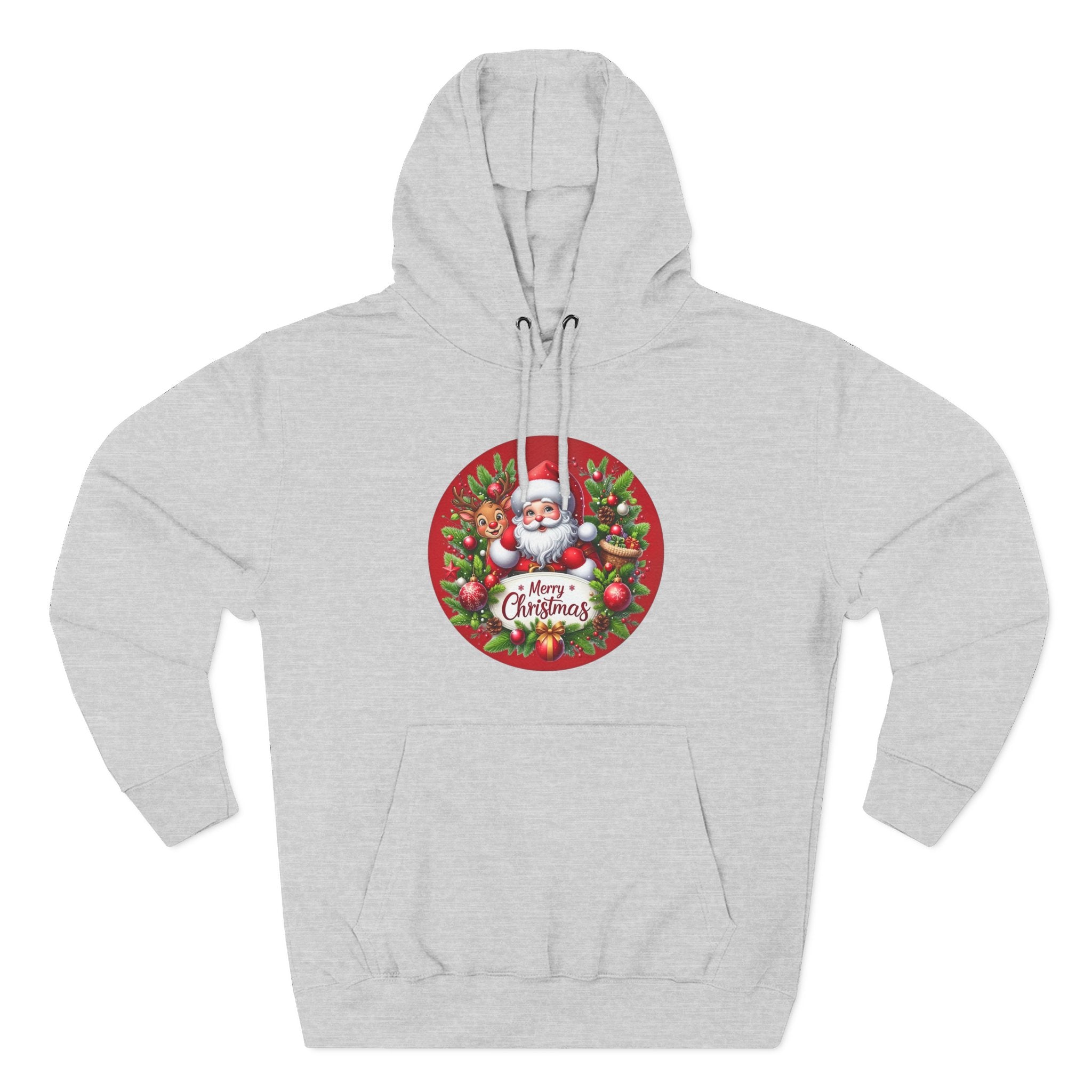 Santa & Reindeer Merry Christmas Wreath Hoodie, shown in Heather Grey