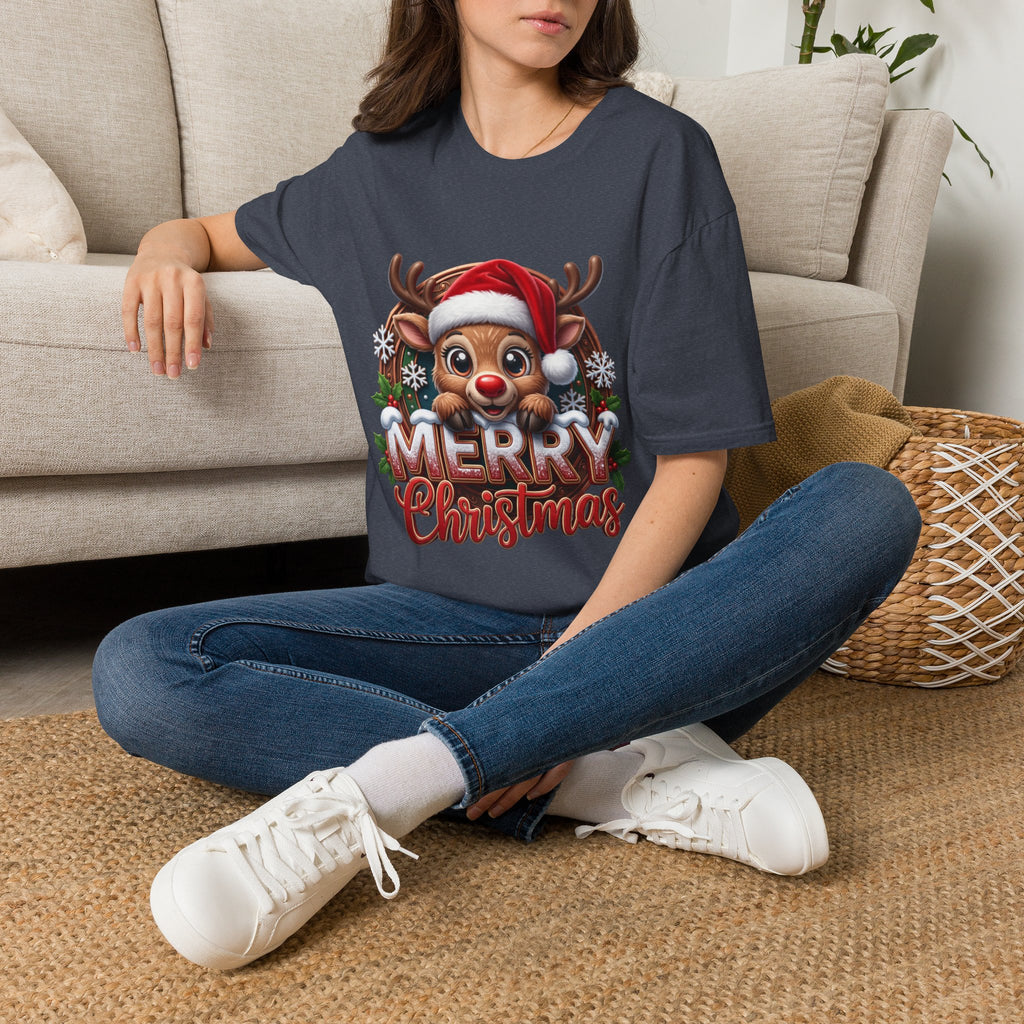 Cute Red-Nosed Reindeer t-shirt in Heather Navy, worn by a woman seated on a rug