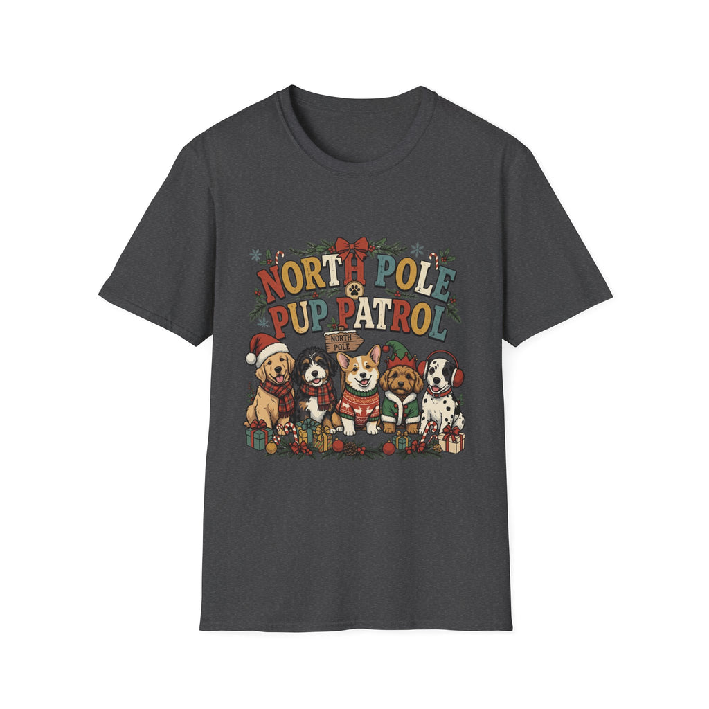 North Pole Pup Patrol Christmas Dogs print on the front of a Dark Heather t-shirt, laid flat on white