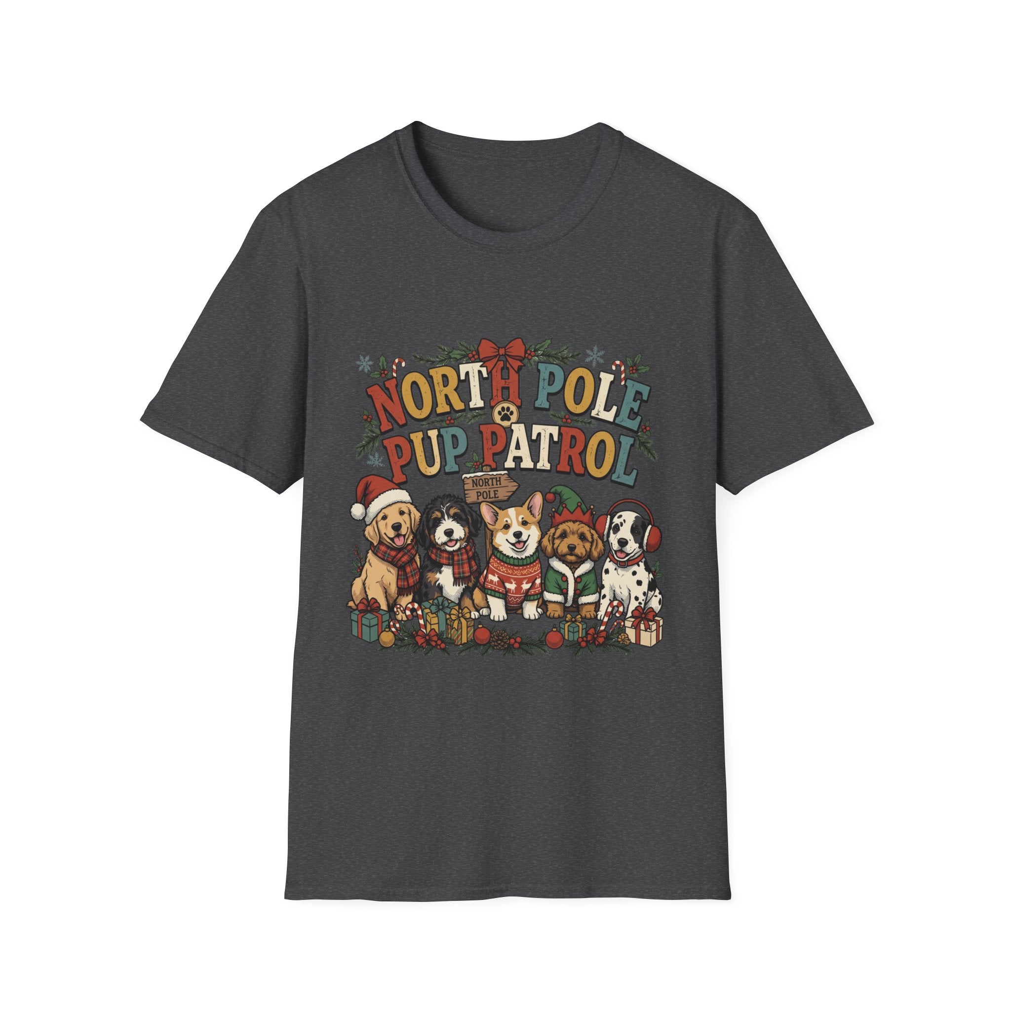 North Pole Pup Patrol Christmas Dogs print on the front of a Dark Heather t-shirt, laid flat on white