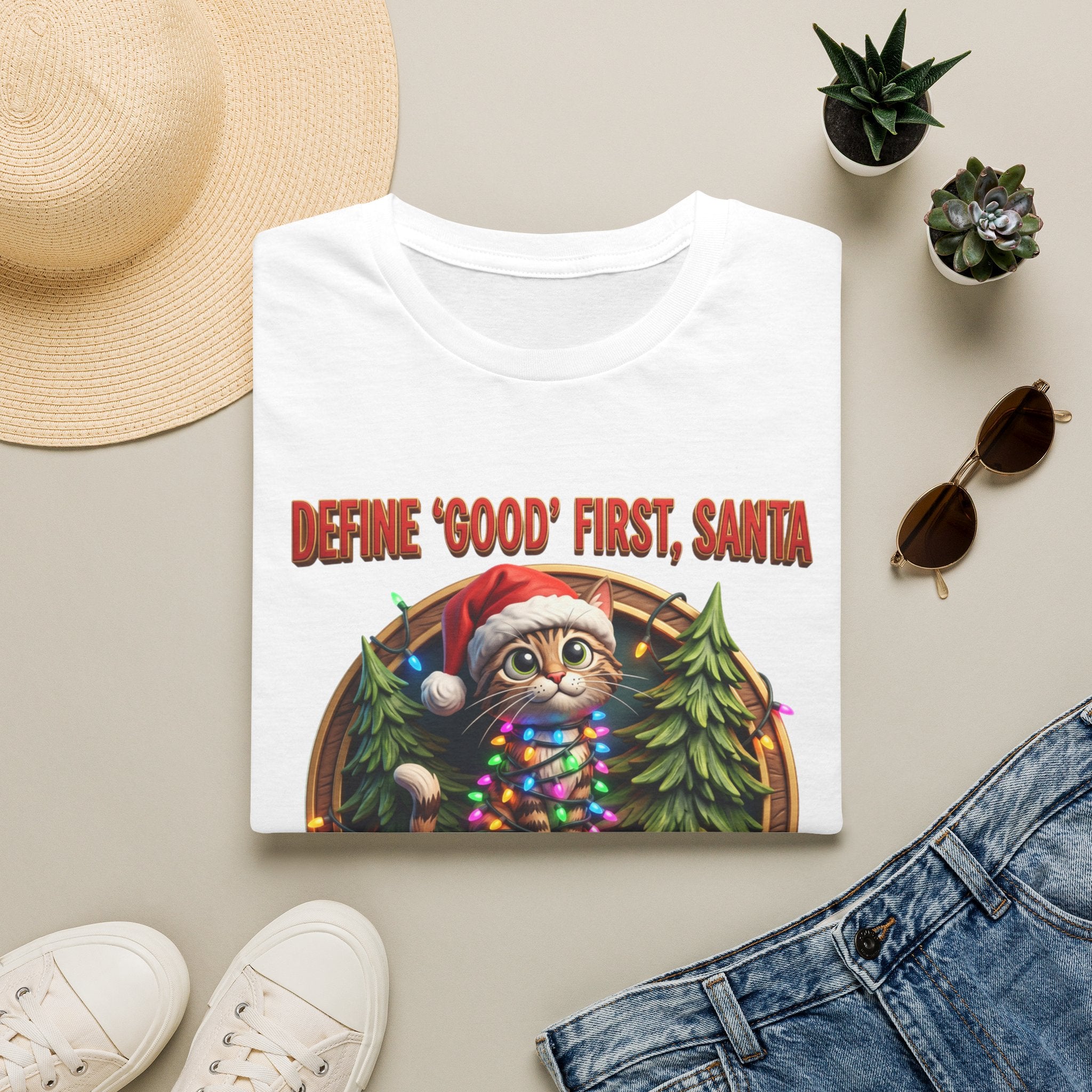 Define Good First Santa Funny Christmas Cat print on a White t-shirt, folded beside a straw hat and jeans