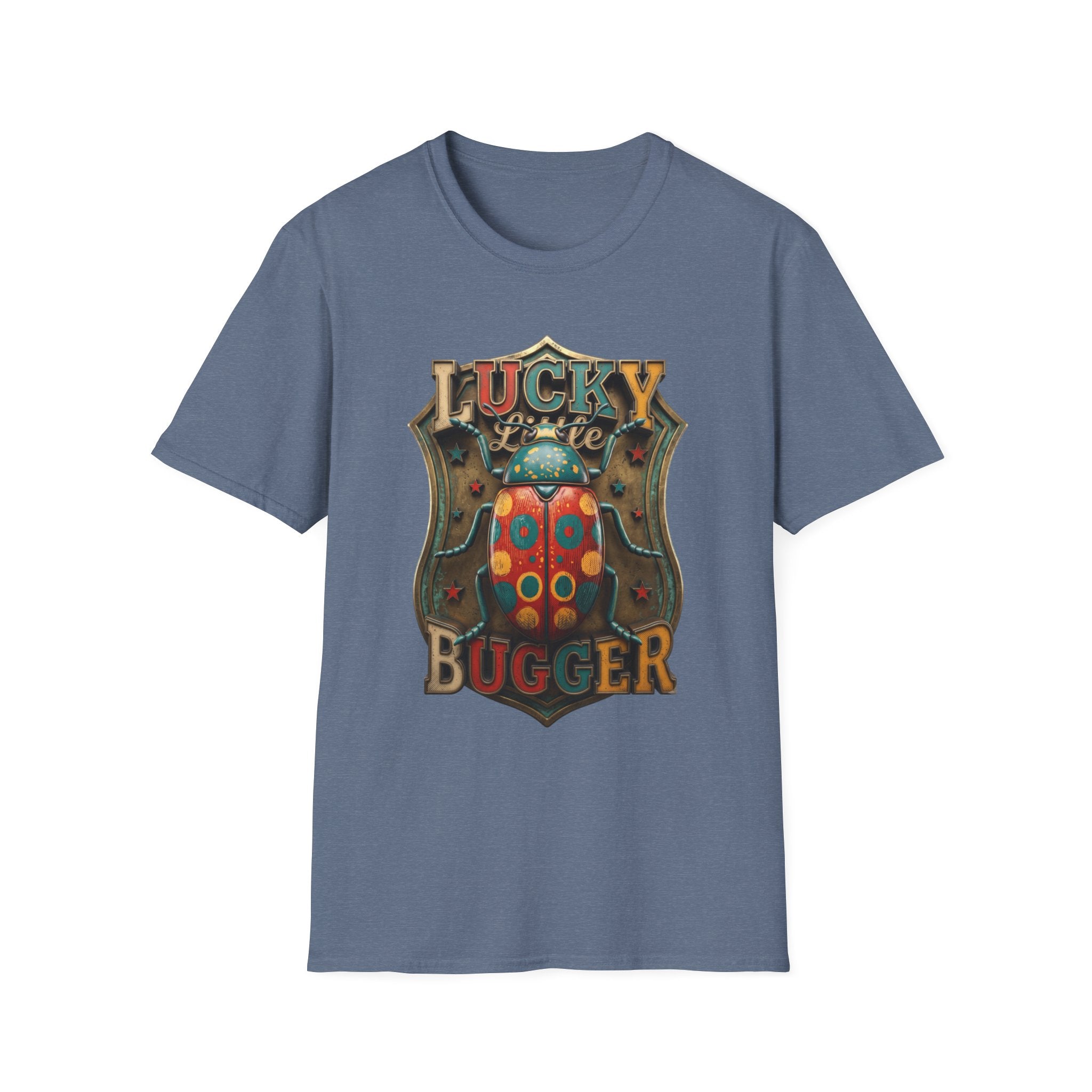 Lucky Little Bugger Vintage Beetle print on the front of a Heather Indigo t-shirt, laid flat on white