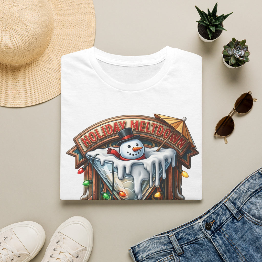 Holiday Meltdown Snowman Martini print on a White t-shirt, folded beside a straw hat and jeans